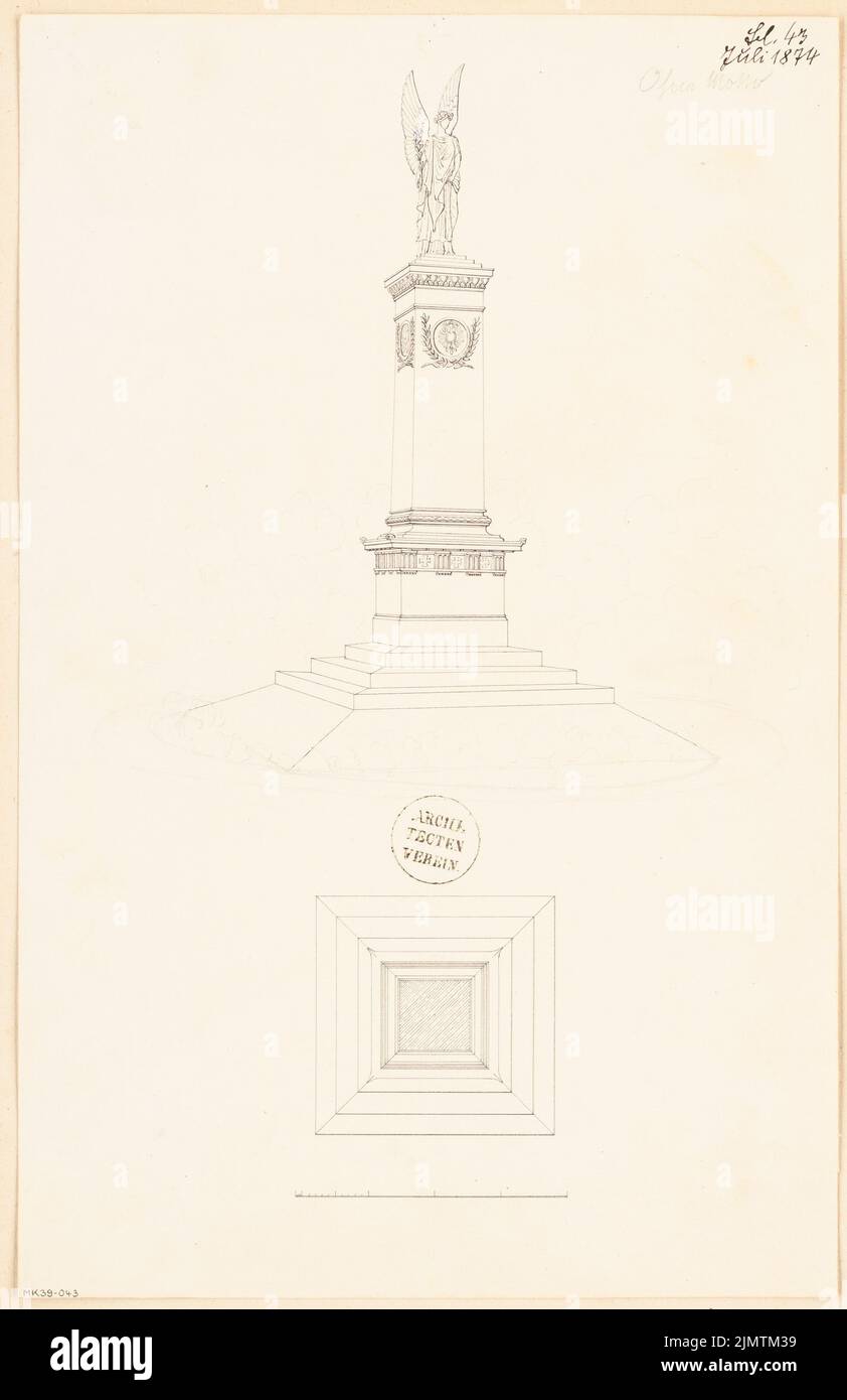 Architecte inconnu, tombé à Erfurt. Concours mensuel du 1874 juillet (07,1874) : plan d'étage, vue en perspective; barre d'échelle. Encre sur carton, complétée par un crayon, 49 x 31,7 cm (y compris les bords de numérisation) N. : Gefallenendenkmal, Erfurt. Monatskonkurrenz Juli 1874 Banque D'Images