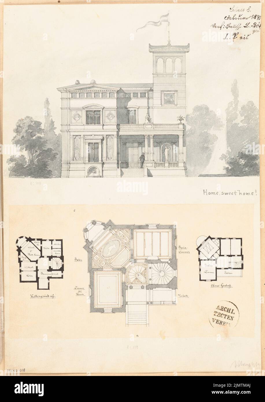 Böttger Ludwig (1845-1894), villa. Compétition mensuelle février 1875 (02,1875): Plan d'étage rez-de-chaussée 1: 150, plan d'étage sous-sol et étage supérieur 1: 300, vue de la route déchirant 1: 100. Tusche aquarelle sur papier, 39,8 x 28,1 cm (y compris les bords de balayage) Böttger Ludwig (1845-1894): Villa. Monatskonkurrenz février 1875 Banque D'Images