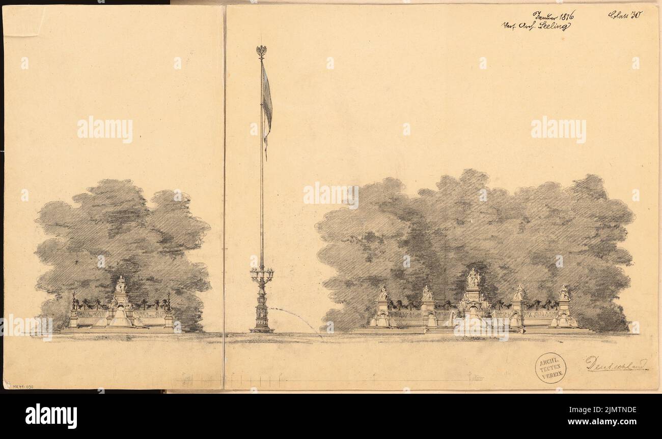 Seeling Heinrich (1852-1932), place design en face de la porte de Brandebourg à Berlin. Compétition mensuelle janvier 1876 (01,1876): Vue de deux systèmes de fontaines; barre d'échelle. Crayon et encre blanc sur papier, 42,1 x 70,6 cm (y compris les bords de balayage) Seeling Heinrich (1852-1932): Platzgestaltung vor dem Brandenburger Tor, Berlin. Monatskonkurrenz Januar 1876 Banque D'Images