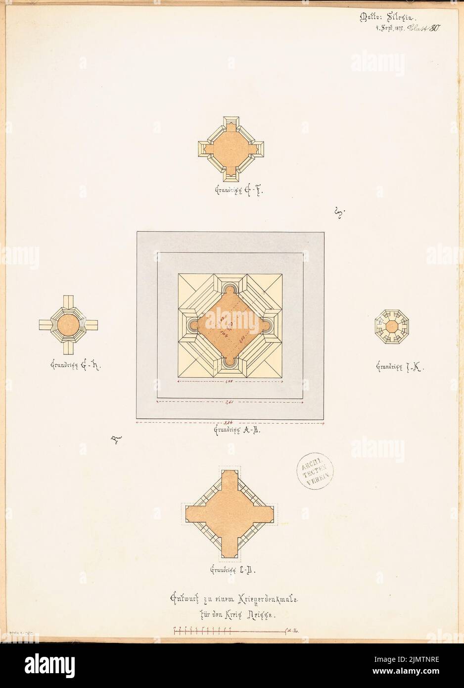 Architecte inconnu, tombant au-dessus du quartier de Neisse. Compétition mensuelle septembre 1875 (09,1875): Plan d'étage sur 5 niveaux; barre d'échelle. Tuche aquarelle sur la boîte, 57,5 x 41,5 cm (y compris les bords de numérisation) N.N. : Gefallenendenkmal für den Kreis Neiße. Monatskonkurrenz septembre 1875 Banque D'Images