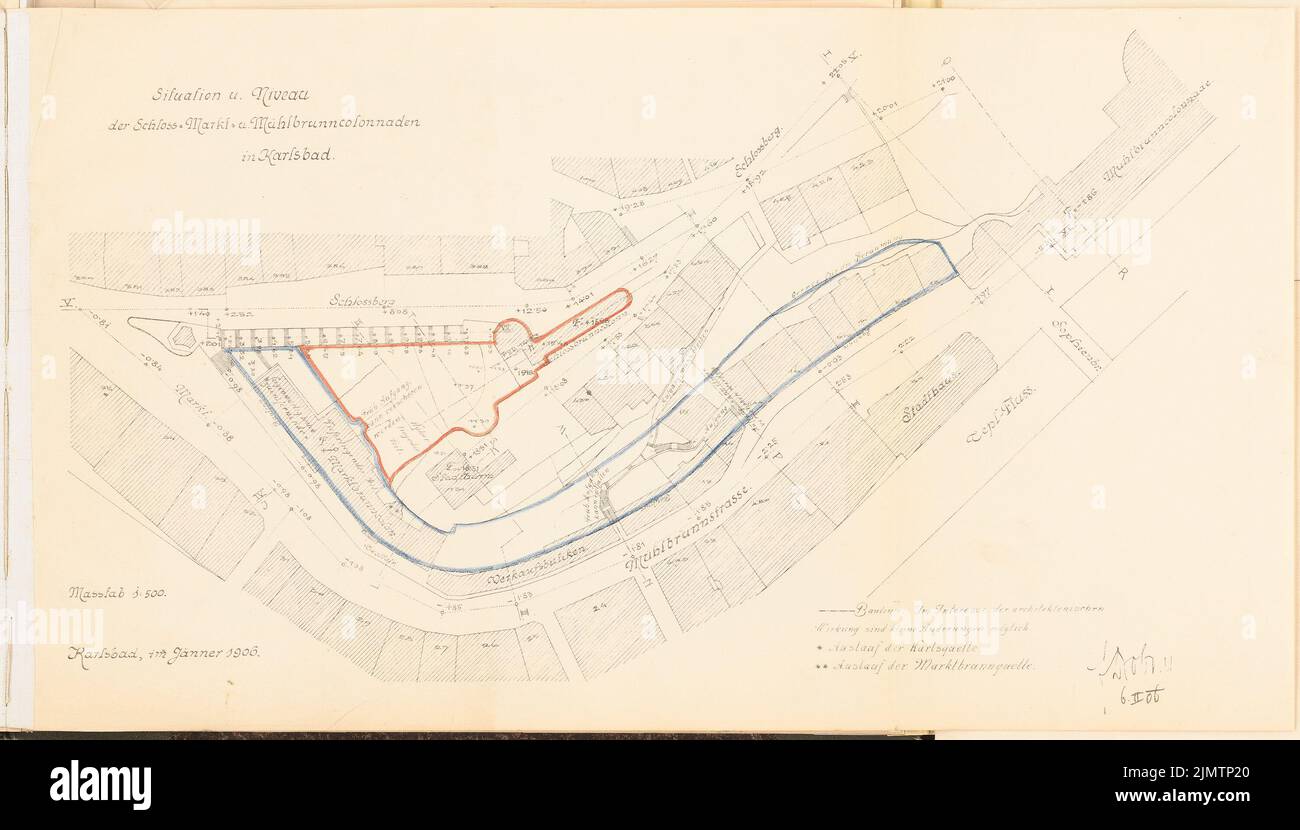 Drobny Franz (1863-1924), Schloßbrunnkollonnade, Karlsbad (06.02.1906) : selon le plan 1 : 500. Crayon de couleur sur une rupture de papier, 34,4 x 60,4 cm (y compris les bords de numérisation) Drobny Franz (1863-1924): Schloßbrunnkollonnade, Karlsbad Banque D'Images