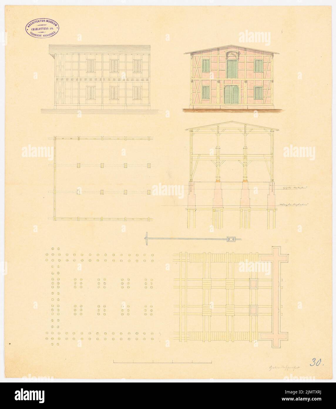 Wentzel Emil, stockage du grain (sans date): Plans d'étage, vues, coupe. Tuche aquarelle sur la boîte, 51,2 x 45,1 cm (y compris les bords du scan) Wentzel Emil : Getreidespeicher Banque D'Images