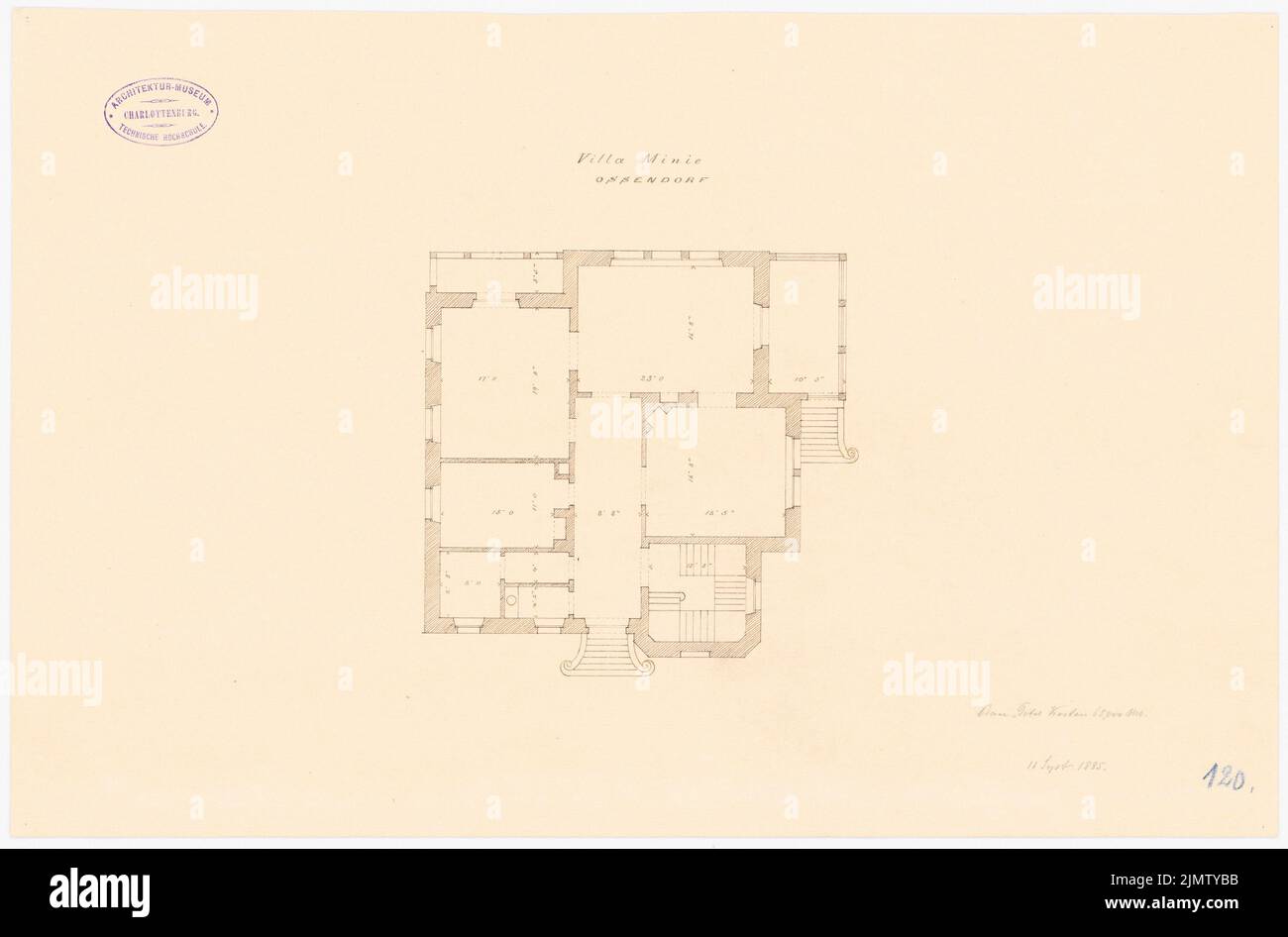 Wentzel Emil, Villa Mimie, Ostendorf (11.09.1885): Grundriss EG. Encre sur papier, 33,4 x 50,6 cm (y compris les bords de numérisation) Wentzel Emil : Villa Mimie, Ossendorf Banque D'Images