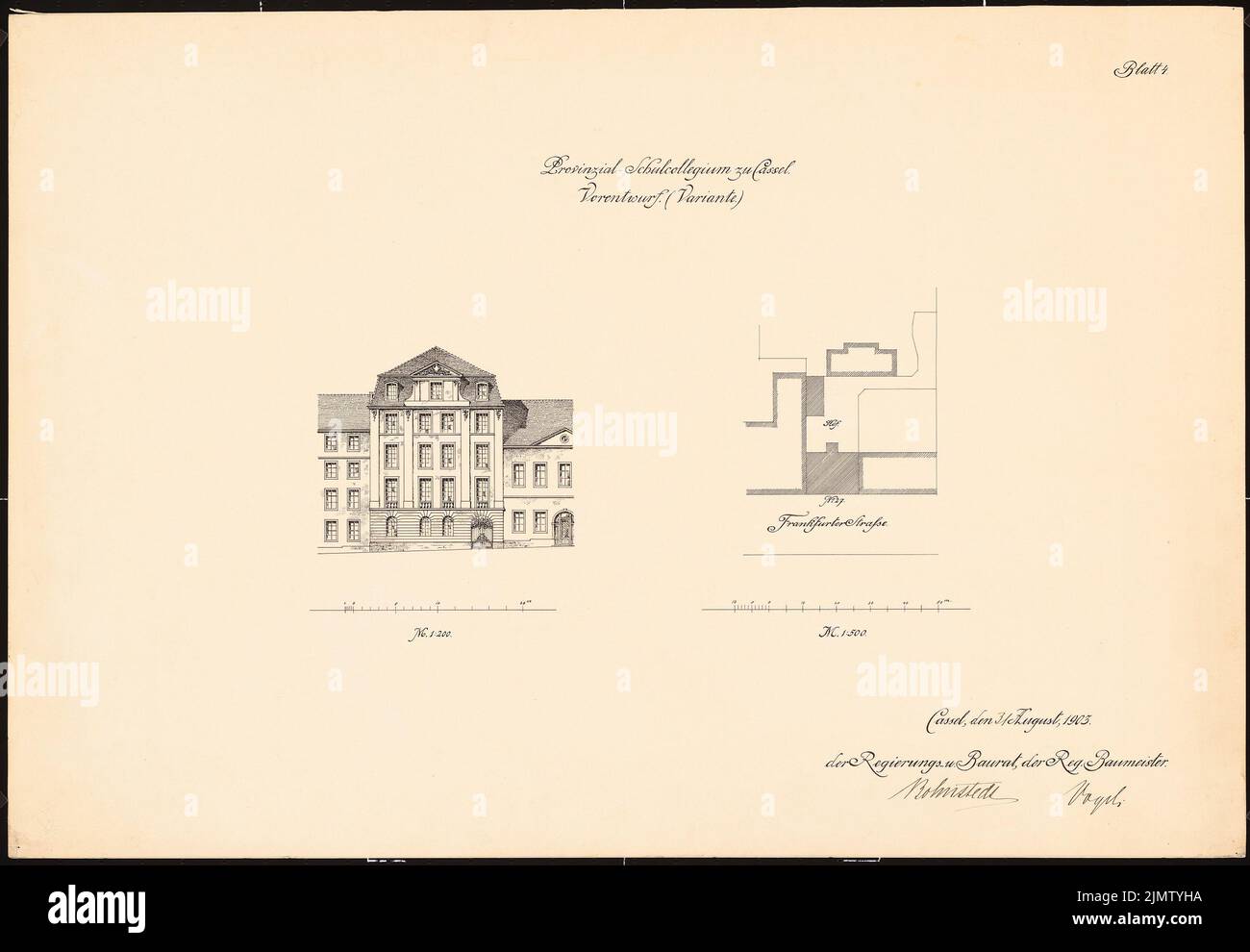 Vogel Ewald (né en 1873), Collège scolaire provincial de Kassel (31 août 1903): Pres design, plan du site 1: 500, voir (variante) 1: 200. Encre sur carton, 50,8 x 73,4 cm (y compris les bords de numérisation) Vogel Ewald (geb. 1873): Provinzial-Schulkollegium, Kassel Banque D'Images