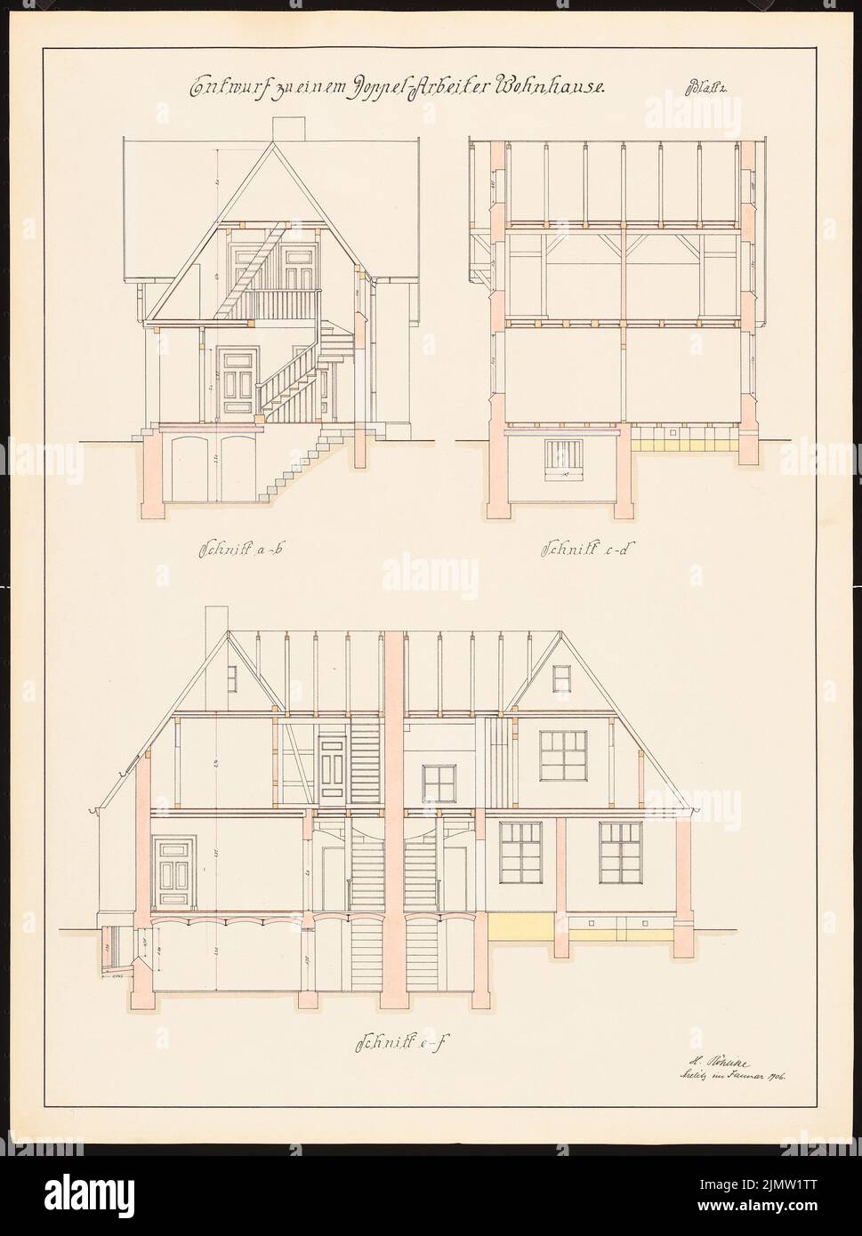 Röhlike Hans, tirant dans un bâtiment résidentiel double ouvrier (01,1906): Couper. Tuche aquarelle sur la boîte, 64,1 x 47,8 cm (y compris les bords de balayage) Röhlike Hans : Entwurf zu einem Doppel-Arbeiter Wohnhaus Banque D'Images