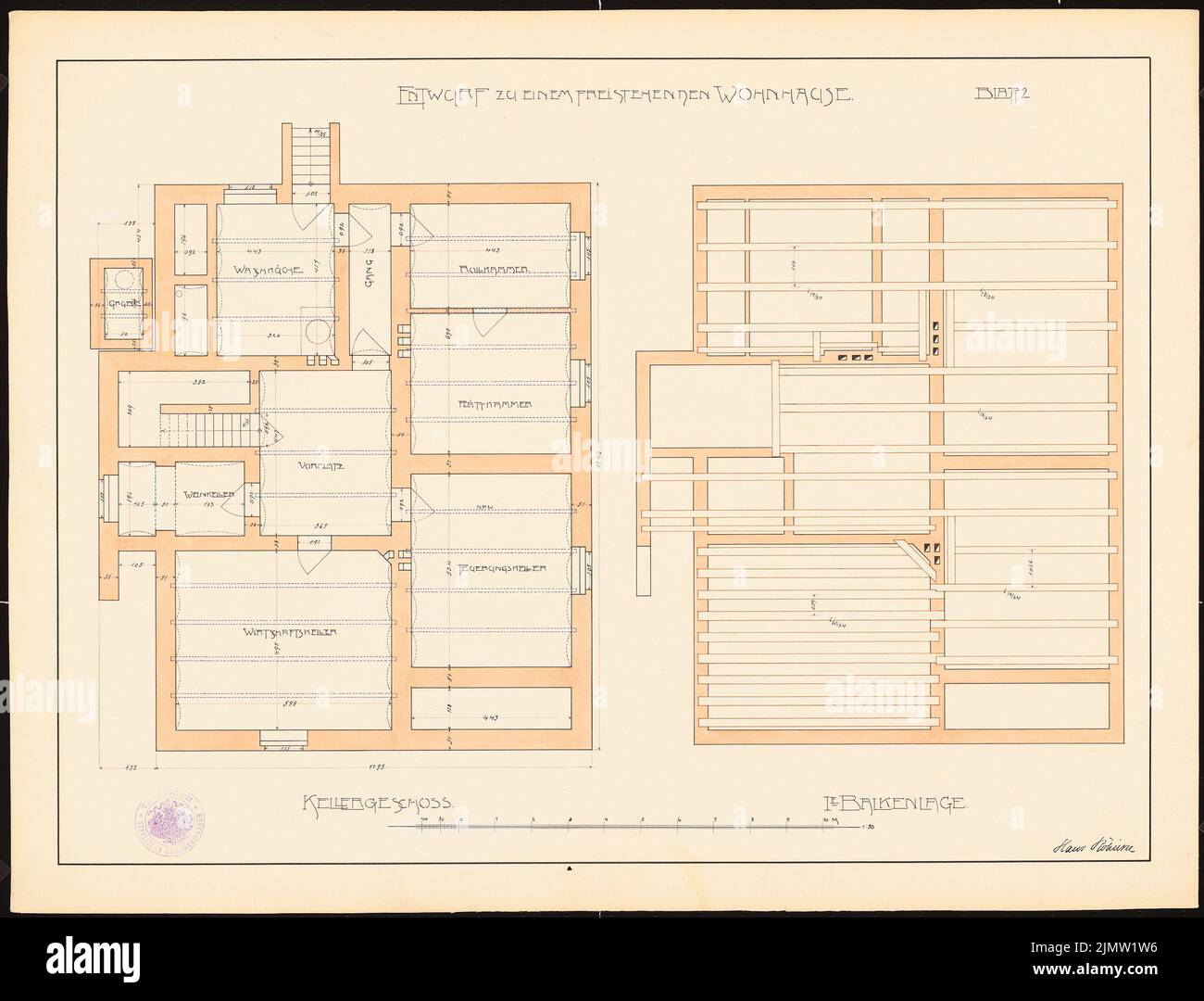Röhlike Hans, projet dans un bâtiment résidentiel autonome (sans date): Plan d'étage sous-sol, première position de faisceau, 1:50. Tuche aquarelle sur la boîte, 50,3 x 66 cm (y compris les bords de balayage) Röhlike Hans : Entwurf zu einem freistehenden Wohnhaus Banque D'Images