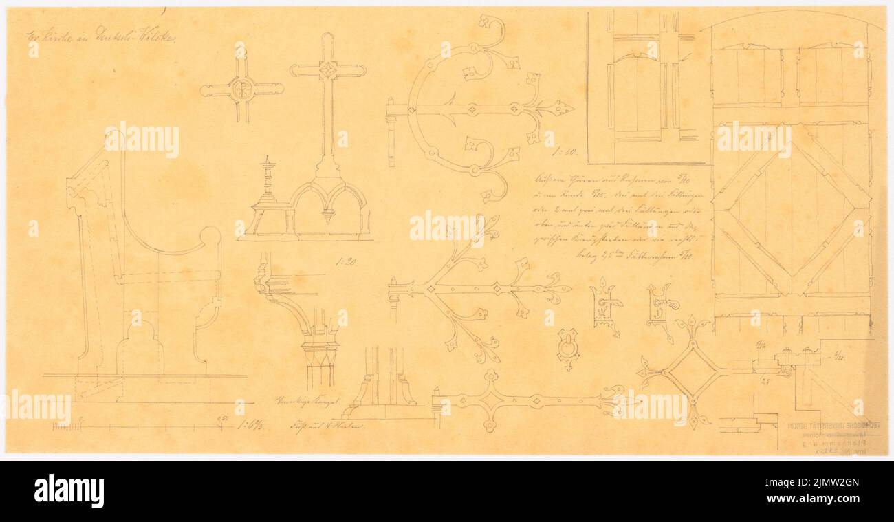 Architecte inconnu, Eglise évangélique de Deutsch-Wilike (sans date): Banc de détails, porte, ferrures de porte, croix. Crayon sur transparent, 24,8 x 48,2 cm (y compris les bords de numérisation) N. : Evangelische Kirche, Deutsch-Wilike Banque D'Images