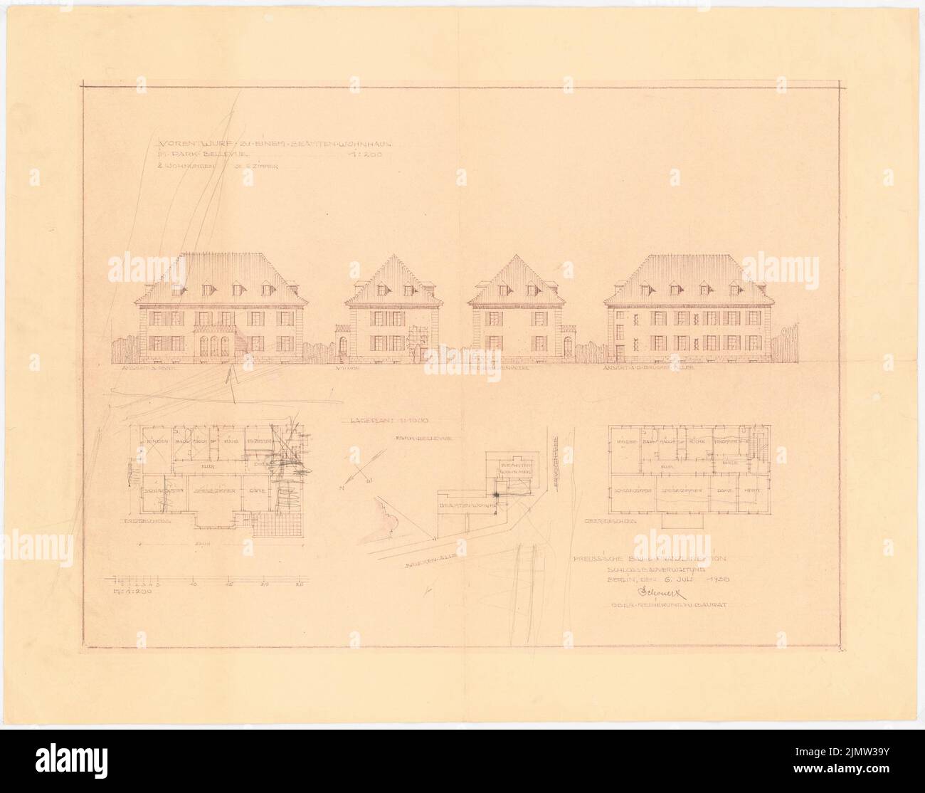 Schonert Erich, nouvelle construction d'un immeuble résidentiel pour le Conseil d'Etat de Gründgens dans le Bellevuepark à Berlin (6 juin 1938): Vues, plans d'étage 1: 200 et plan d'emplacement 1: 1000. Crayon sur papier, 51,3 x 65 cm (y compris les bords de numérisation) Schonert Erich (geb. 1881): Neubau eines Wohnhauses für Staatsrat Gründgens im Bellevuepark, Berlin Banque D'Images