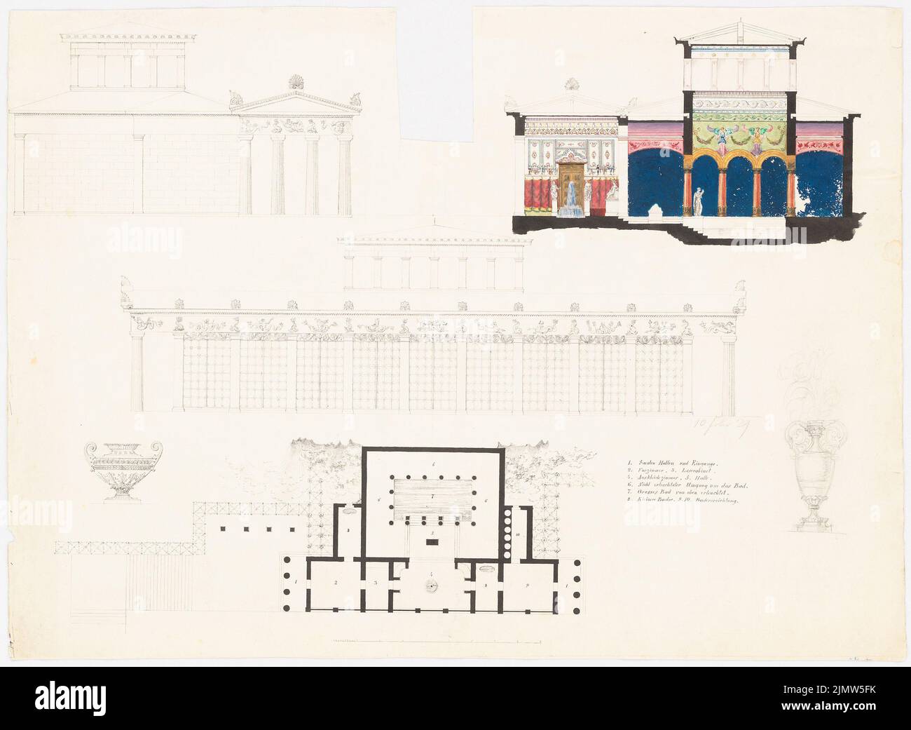 Architecte inconnu, salle de bain (10.02.1829): Plan d'étage, vue, coupes et détails. Aquarelle crayon et encre sur papier, 41,6 x 56,9 cm (y compris les bords de numérisation) N. : Badehaus Banque D'Images