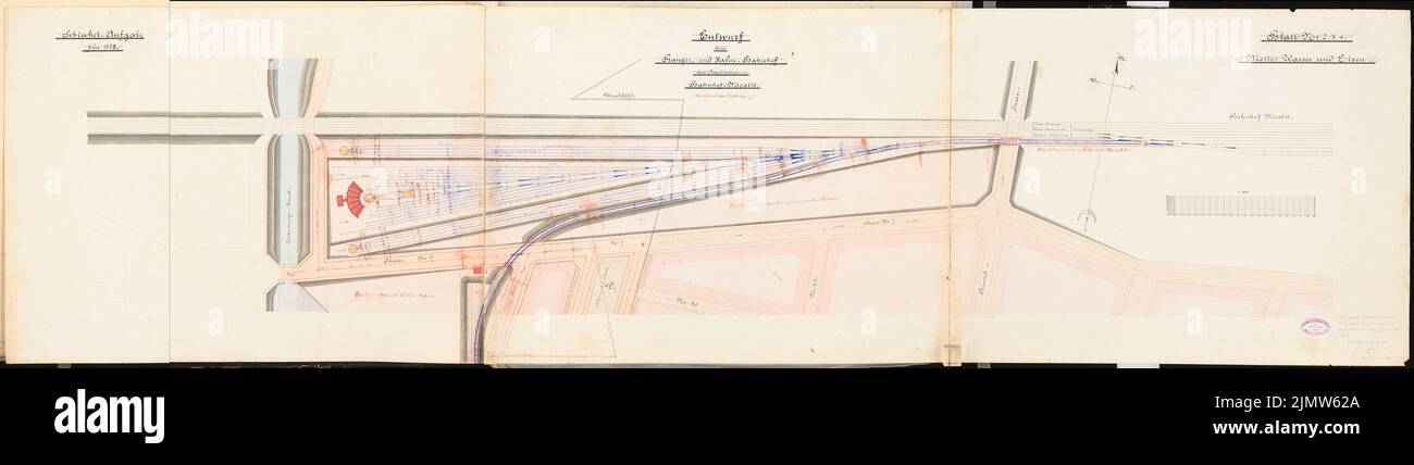 Eiselen Fritz (1862-1936), installation portuaire sur la Unterpree à Berlin avec un chemin de fer portuaire. Concours Schinkel 1888 (21 avril 1888): Hafenbahnhof. Plan du site 1 : 1000. Encre, couleur encre, aquarelle sur carton, 52,9 x 203,1 cm (y compris les bords de numérisation) Eiselen Fritz (1862-1936): Hafenanlage mit Hafenbahn an der Unterspree, Berlin. Schinkelwettbewerb 1888 Banque D'Images