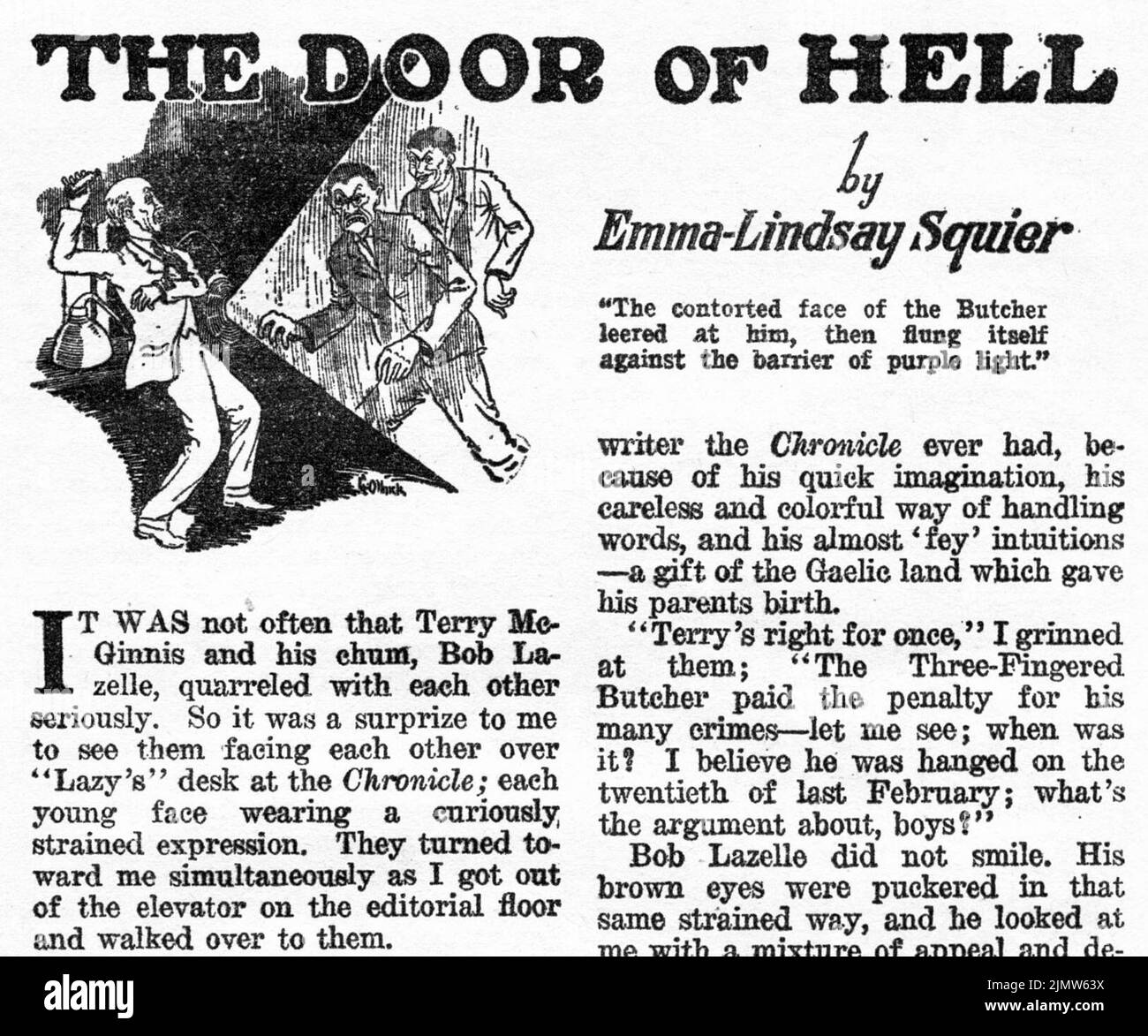 La porte de l'Enfer, par Emma-Lindsay Squier. Illustration par G. O. Olinick de Weird Tales, août 1926 Banque D'Images