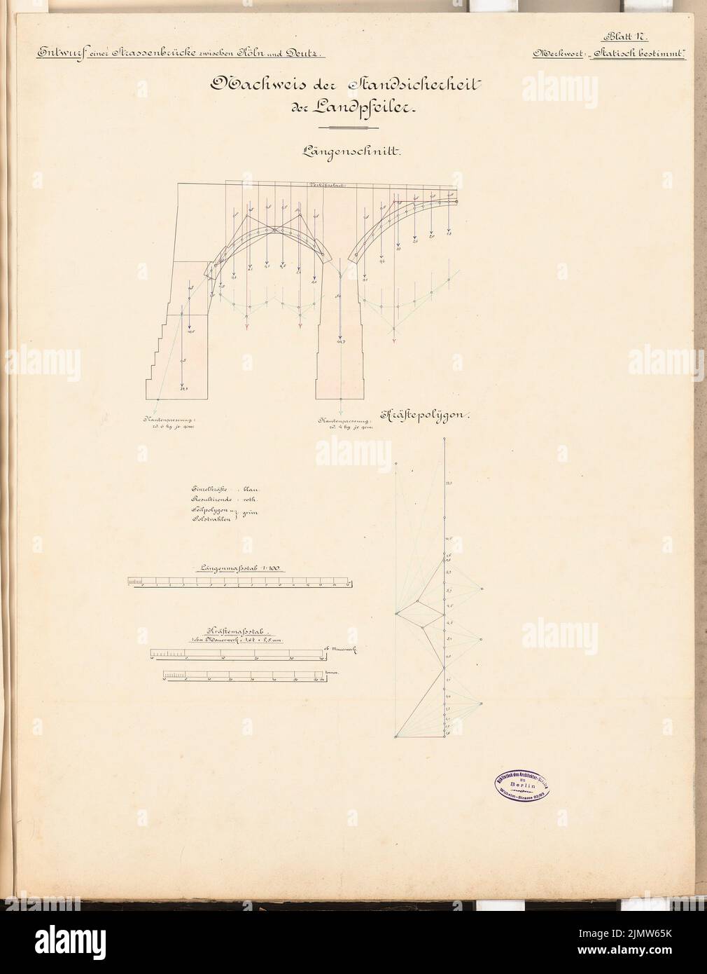 Wattmann John, pont de rue Cologne-Deutz. Concours Schinkel 1892 (1892): Piliers terrestres. Preuve de stabilité: Couper, plans de forces 1: 100. Encre, couleur encre, aquarelle sur carton, 67 x 52,1 cm (y compris les bords de numérisation) Wattmann John : Straßenbrücke Köln-Deutz. Schinkelwettbewerb 1892 Banque D'Images