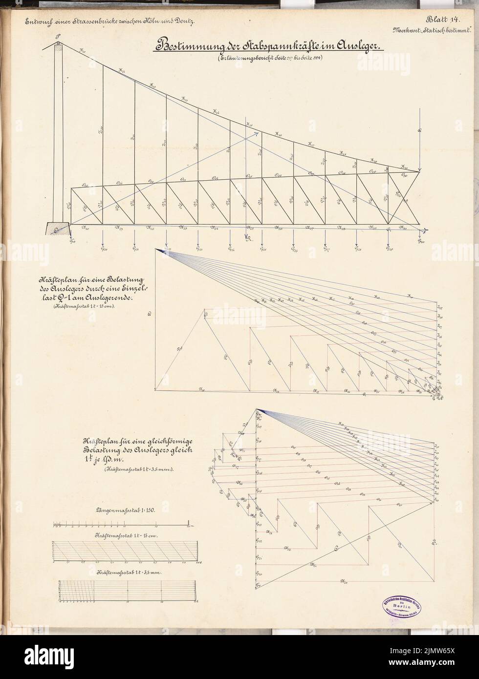 Wattmann John, pont de rue Cologne-Deutz. Concours Schinkel 1892 (1892): Interprètes. Plans d'alimentation 1: 150. Encre, encre colorée sur carton, 67,1 x 50,6 cm (y compris les bords de numérisation) Wattatmann John : Straßenbrücke Köln-Deutz. Schinkelwettbewerb 1892 Banque D'Images