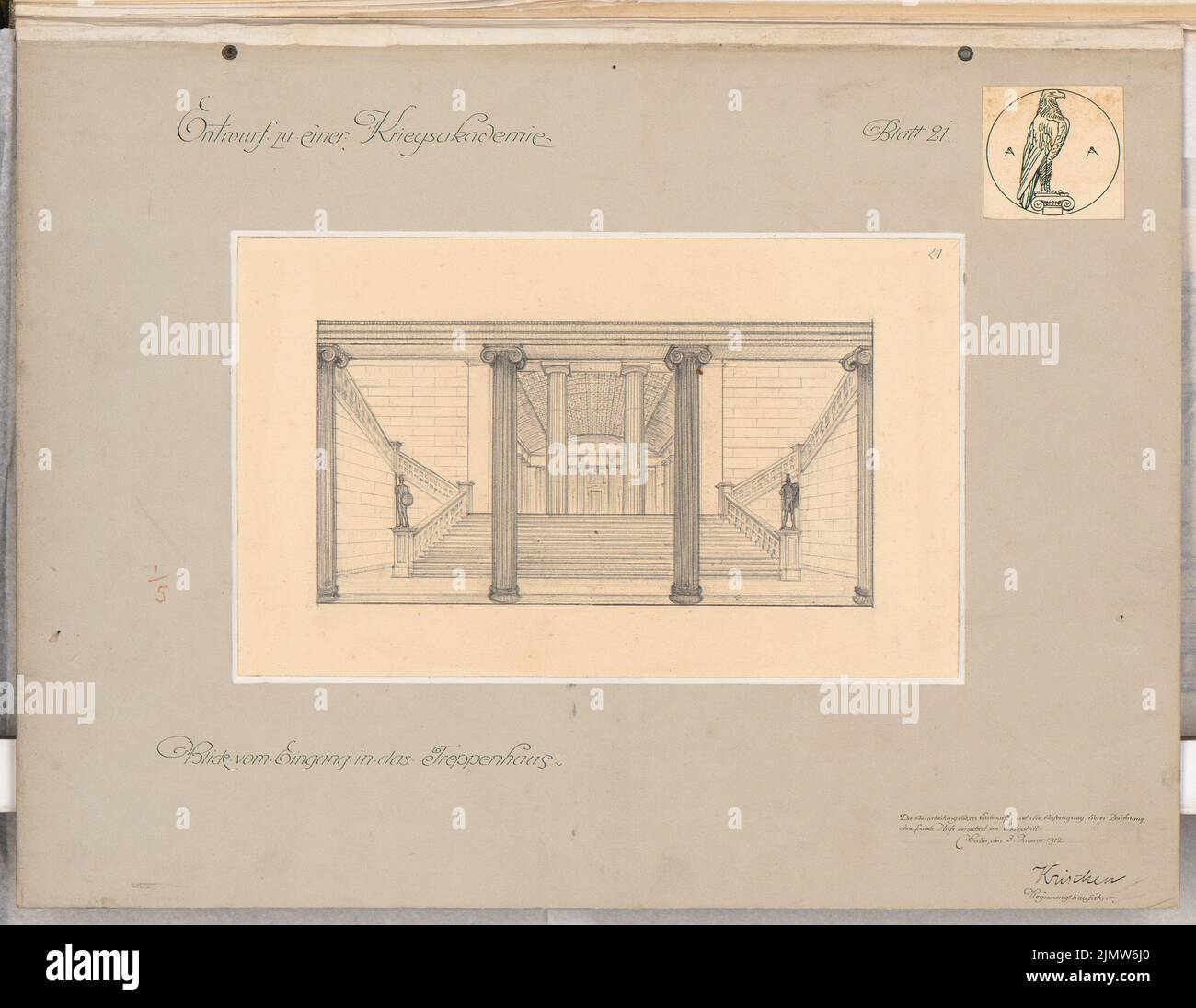 Krischen Friedrich, Académie de guerre. Concours Schinkel 1911 (03.01.1912) : vue depuis l'entrée de l'escalier. Vue en perspective. Crayon sur carton, 42,7 x 55,2 cm (y compris les bords de balayage) Krischen Friedrich : Kriegsakademie. Schinkelwettbewerb 1911 Banque D'Images