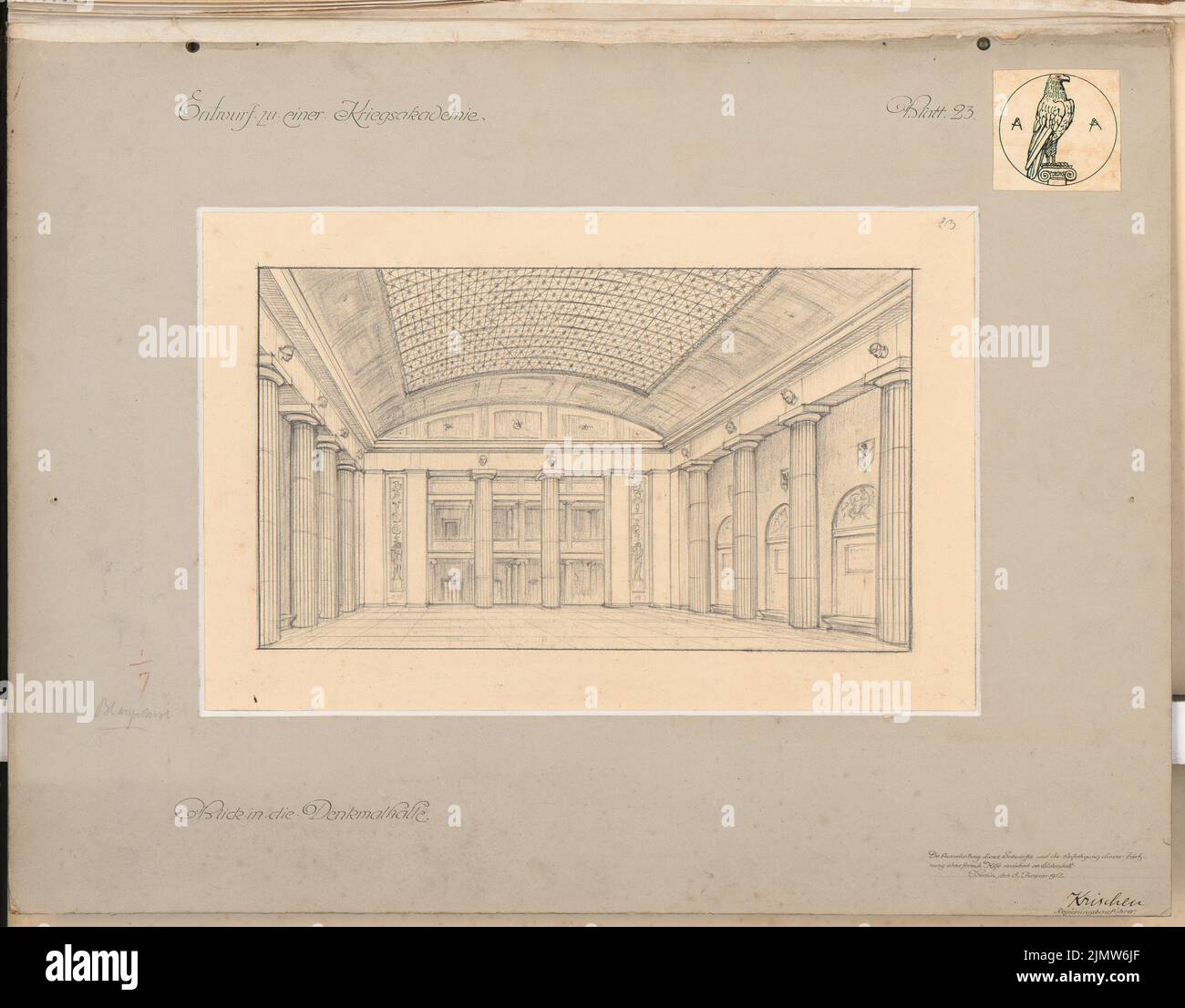 Krischen Friedrich, Académie de guerre. Concours Schinkel 1911 (03.01.1912) : vue sur la salle des monuments. Vue en perspective. Crayon sur carton, 49,2 x 62,9 cm (y compris les bords de balayage) Krischen Friedrich : Kriegsakademie. Schinkelwettbewerb 1911 Banque D'Images