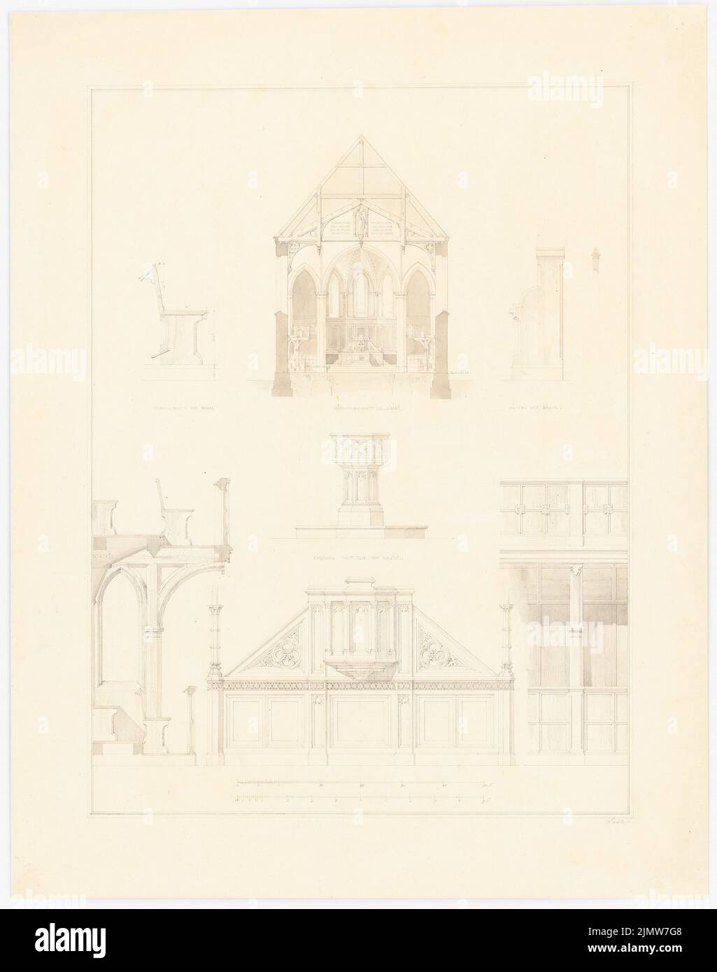 Stüler August (1800-1865), autel, police baptismale, chaire, galerie (sans dat.): 5 vues, 2 coupes, échelle à pied. Crayon et encre sur carton, 58 x 45,7 cm (y compris les bords) Stüler Friedrich August (1800-1865): Autel, Taufstein, Kanzel, Empore Banque D'Images