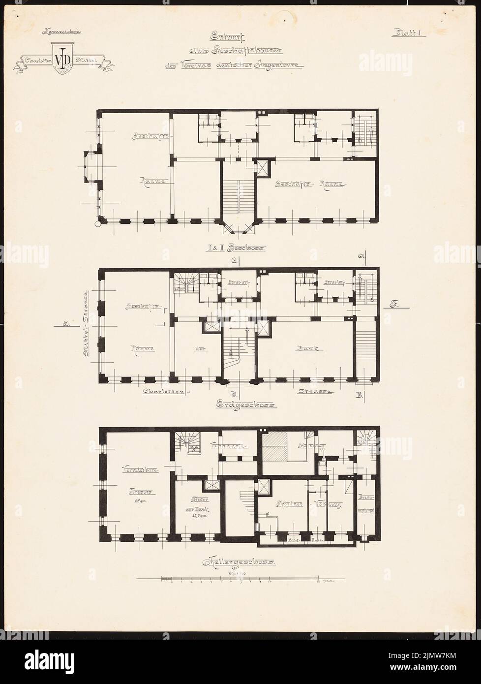 Architecte inconnu, bâtiment commercial pour l'association des ingénieurs allemands (1894-1894): Grundrisse KG, EG, 1st et 2nd étage 1: 100, échelle. Encre sur carton, 65,2 x 49 cm (y compris les bords de numérisation) N.N. : Geschäftshaus für den Verein Deutscher Ingenieure, Berlin Banque D'Images