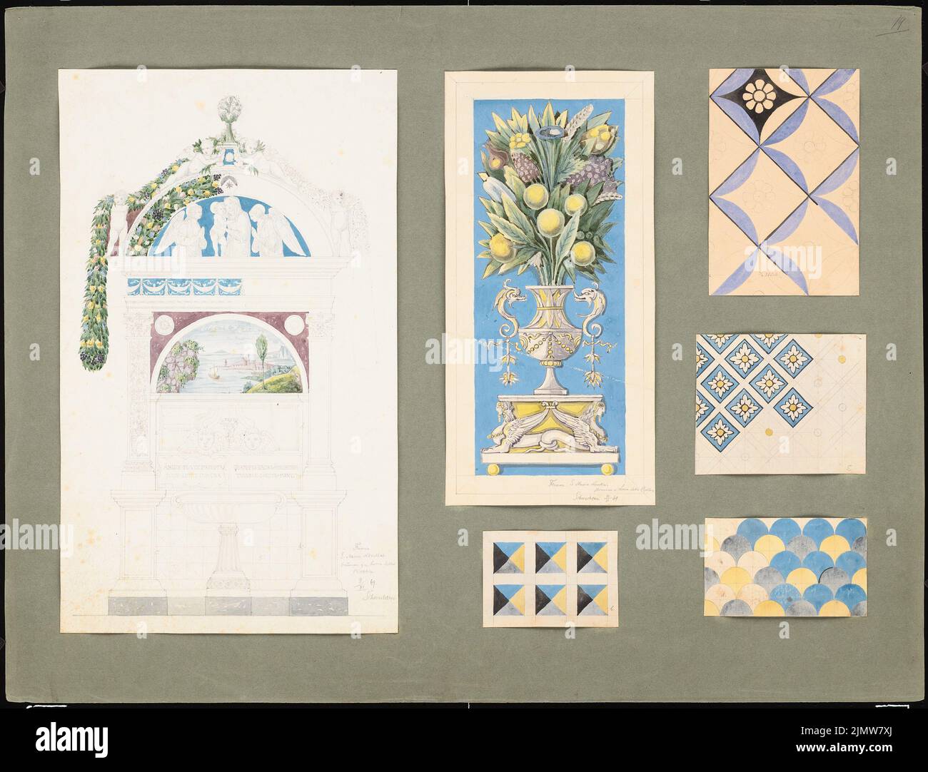 Schwechten Franz (1841-1924), S. Maria Novella à Florence. Brunnen (9 novembre 1869): Vue sur la fontaine, 5 détails. Crayon aquarelle sur papier sur carton, 48,1 x 63 cm (y compris les bords de numérisation) Schwechten Franz (1841-1924): S. Maria Novella, Florenz. Brunnen Banque D'Images