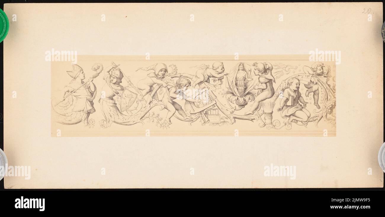Kaulbach Friedrich août (1850-1920), Fries dans l'escalier du nouveau musée de Berlin (env 1900): La frise continue des enfants avec la relativisation ironique de l'histoire monumentale du monde. Photo sur papier, 16 x 32,2 cm (y compris les bords de balayage) Kaulbach Friedrich août (1850-1920) : Musées de Rois im Treppenhaus des Neuen, Berlin Banque D'Images