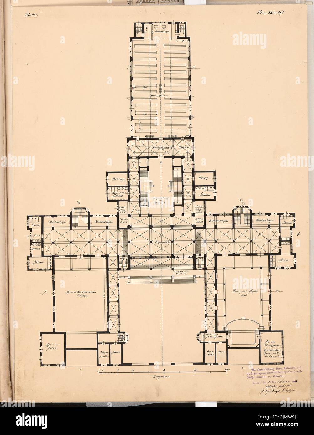 Eckardt août, Volksbibliothek. Concours Schinkel 1902 (12.02.1903): Grundriss EG 1: 200. Encre, encre colorée sur papier, 65,6 x 50,6 cm (y compris les bords de numérisation) Eckardt août : Volksbibliothek. Schinkelwettbewerb 1902 Banque D'Images