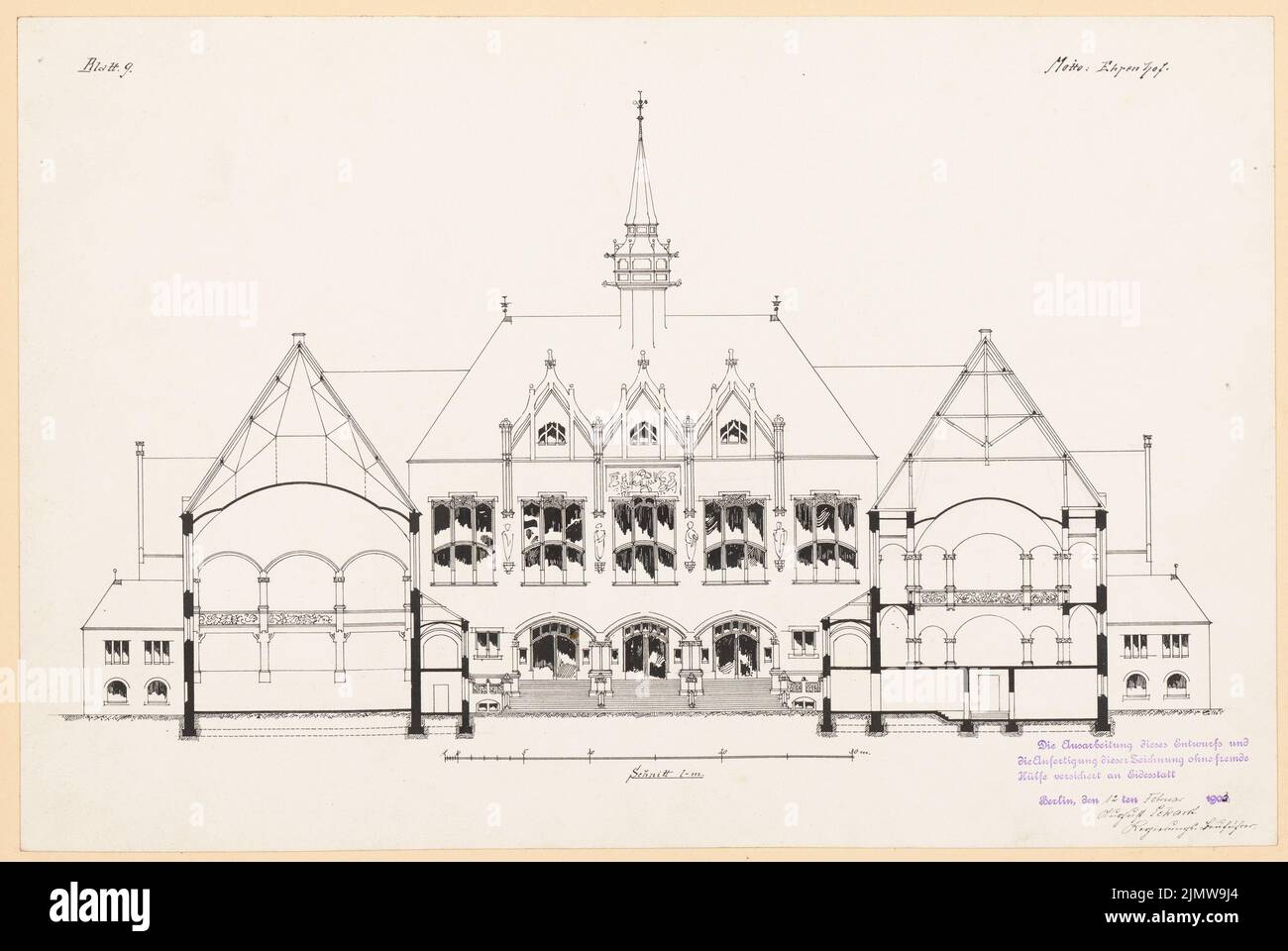 Eckardt août, Volksbibliothek. Concours Schinkel 1902 (12.02.1903): Section longitudinale 1: 200. Encre sur carton, 33,1 x 49,4 cm (y compris les bords de balayage) Eckardt août : Volksbibliothek. Schinkelwettbewerb 1902 Banque D'Images