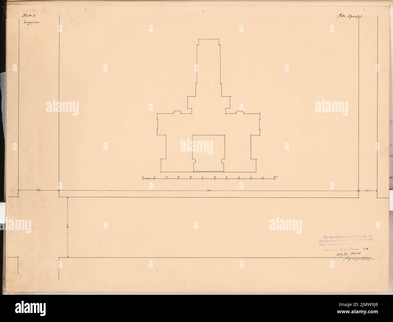 Eckardt août, Volksbibliothek. Concours Schinkel 1902 (12.02.1903): Plan du site 1: 500. Encre sur papier, 49,1 x 65,4 cm (y compris les bords de numérisation) Eckardt août : Volksbibliothek. Schinkelwettbewerb 1902 Banque D'Images