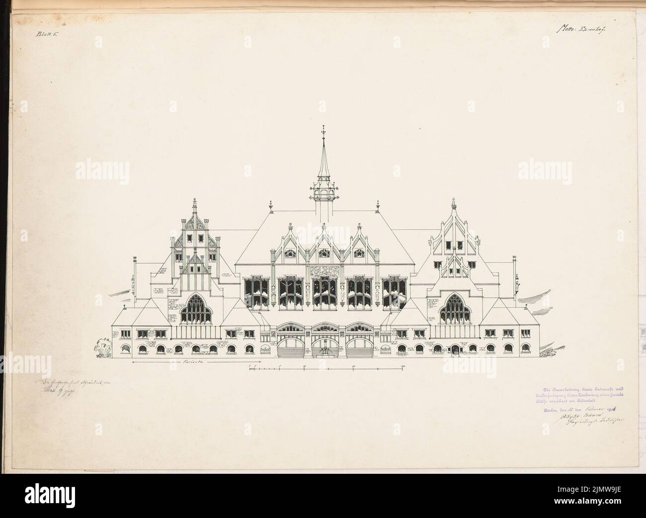 Eckardt août, Volksbibliothek. Concours Schinkel 1902 (12.02.1903) : façade principale. Voir 1 : 200. Encre sur carton, 48,2 x 65,7 cm (y compris les bords de balayage) Eckardt août : Volksbibliothek. Schinkelwettbewerb 1902 Banque D'Images