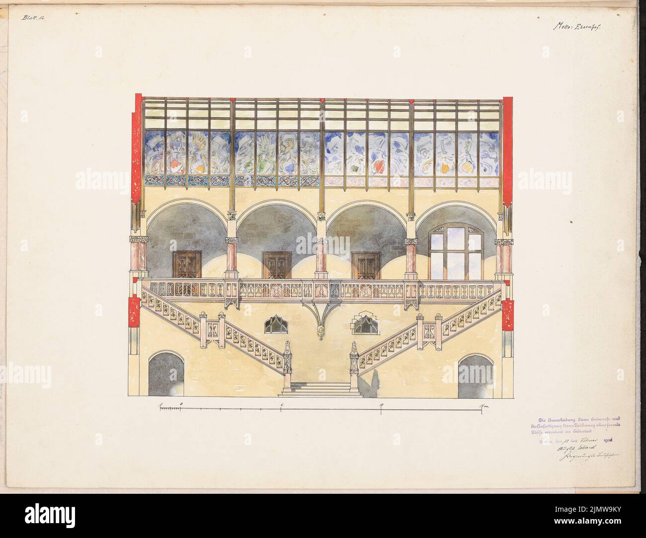 Eckardt août, Volksbibliothek. Concours Schinkel 1902 (12.02.1903) : entrée. Voir 1:50. Tuche aquarelle sur la boîte, 49,1 x 64,3 cm (y compris les bords de balayage) Eckardt août : Volksbibliothek. Schinkelwettbewerb 1902 Banque D'Images