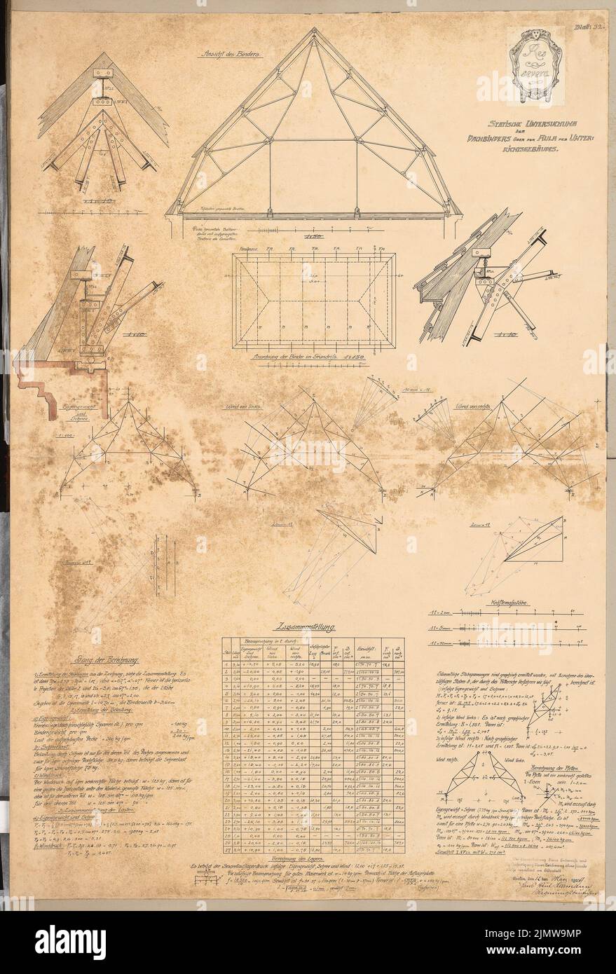 Herrmann Hans Paul, maison d'éducation. Concours Schinkel 1909 (03/12/1909): Bâtiment d'enseignement: Calcul statique de la reliure de toiture au-dessus de l'auditorium. Coupes 1:50, 1:10, forces, tables. Tuche aquarelle sur la boîte, 99,5 x 67,3 cm (y compris les bords de balayage) Herrmann Hans Paul (geb. 1882): Erziehungsheim. Schinkelwettbewerb 1909 Banque D'Images