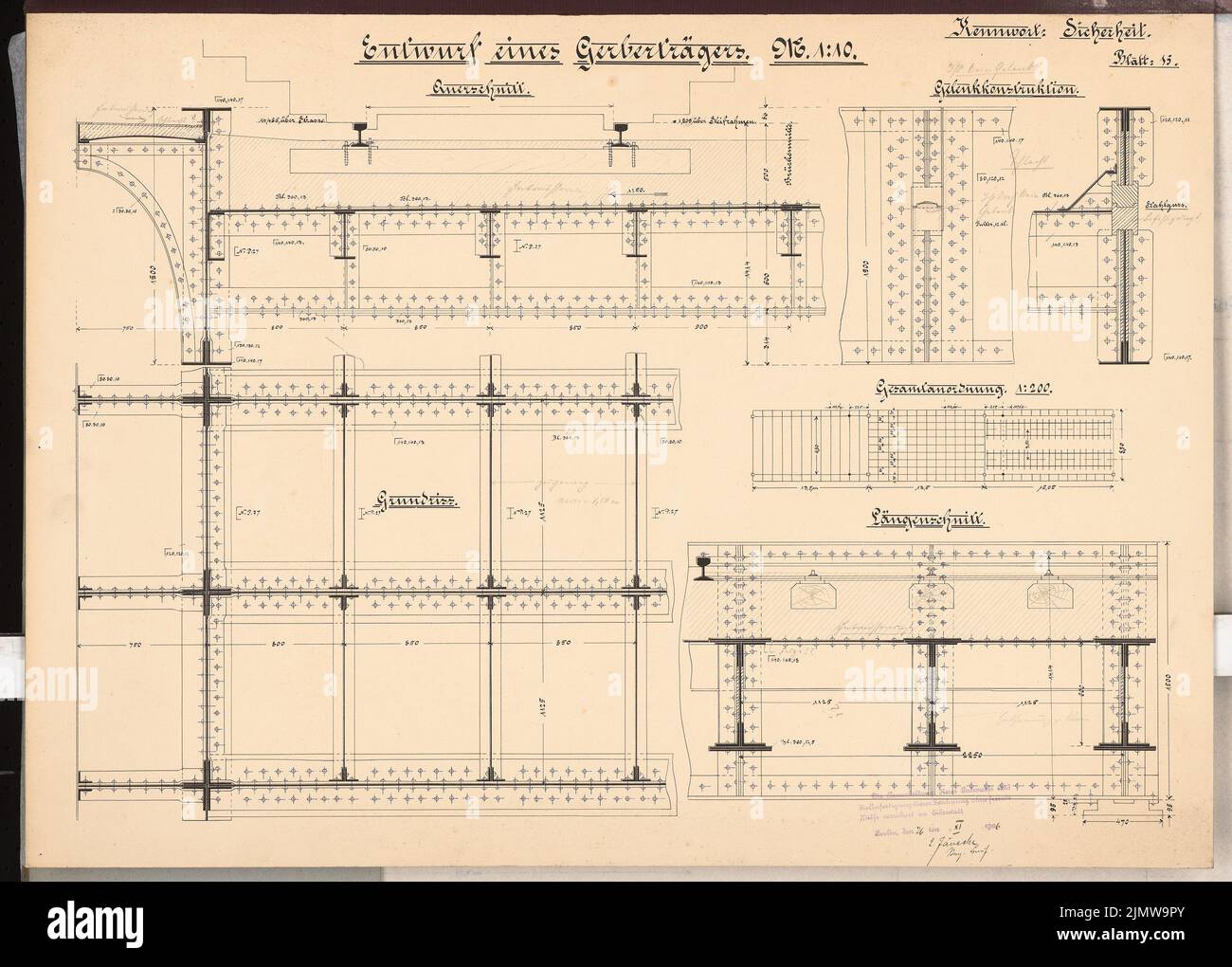 Jänecke Louis, agrandissement du Stadtbahn de Berlin. Concours Schinkel 1905 (26 novembre 1906): Gerbergerräger. Coupes, plan de plancher 1:10, schéma 1: 200. Encre, encre colorée sur carton, 51,2 x 71,5 cm (y compris les bords de balayage) Jänecke Louis : Ausbau der Berliner Stadtbahn. Schinkelwettbewerb 1905 Banque D'Images