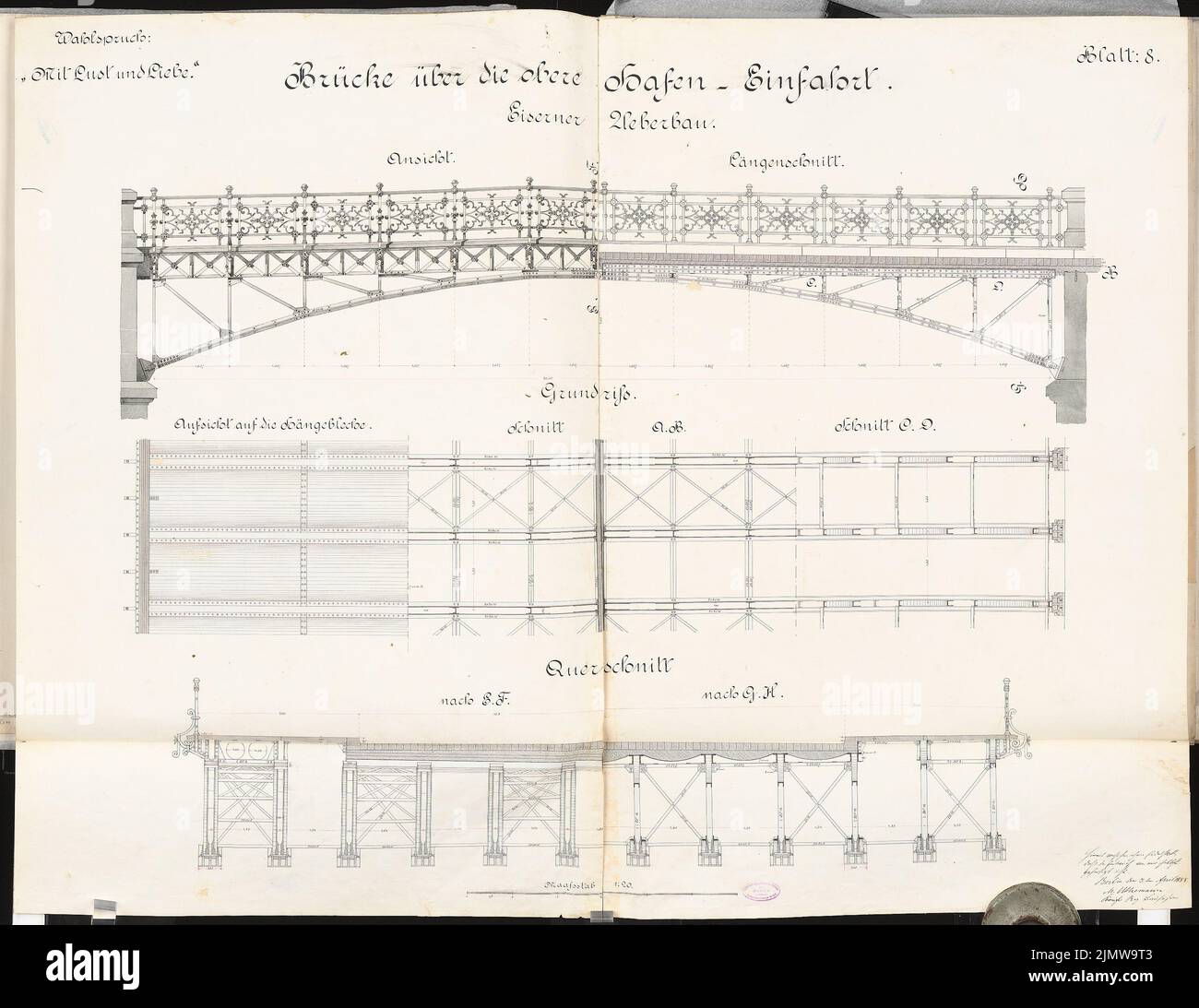 Uthemann Maximilian, installation portuaire sur la Unterpree à Berlin avec un port ferroviaire. Concours Schinkel 1888 (03.04.1888) : pont au-dessus de l'entrée supérieure du port. Superstructure en fer : vue, coupes 1:20. Encre, couleur encre, aquarelle sur carton, 101,7 x 131,8 cm (y compris les bords de numérisation) Uthemann Maximilian : Hafenanlage mit Hafenbahn an der Unterspree, Berlin. Schinkelwettbewerb 1888 Banque D'Images