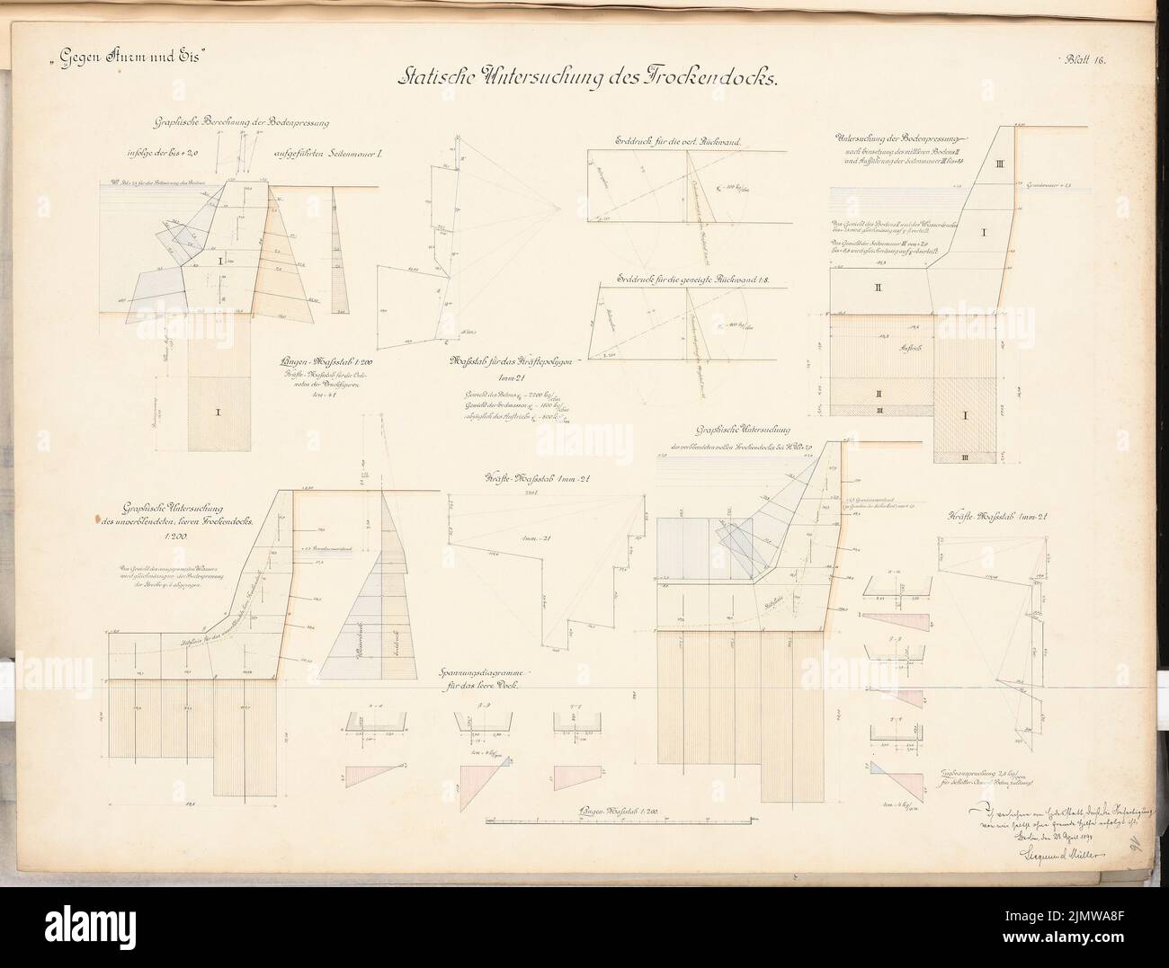 Müller Siegmund, port maritime. Compétition Schinkel 1898 (23 avril 1898): Drypock: Examen statique. Coupes 1 : 200, forces. Encre, aquarelle couleur encre sur la boîte, 51,9 x 68,4 cm (y compris les bords du scan) Müller Siegmund : Seehafen. Schinkelwettbewerb 1898 Banque D'Images