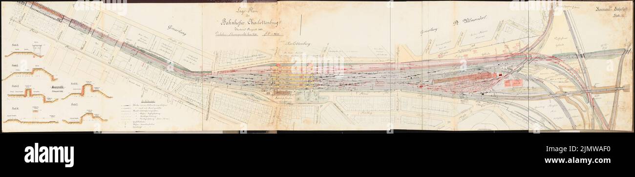 Jänecke Louis, agrandissement du Stadtbahn de Berlin. Concours Schinkel 1905 (26 novembre 1906): Extension Bahnhof Charlottenburg. Plan du site. Encre, encre aquarelle colorée sur une rupture sur la boîte, 59,3 x 281,2 cm (y compris les bords de balayage) Jänecke Louis : Ausbau der Berliner Stadtbahn. Schinkelwettbewerb 1905 Banque D'Images