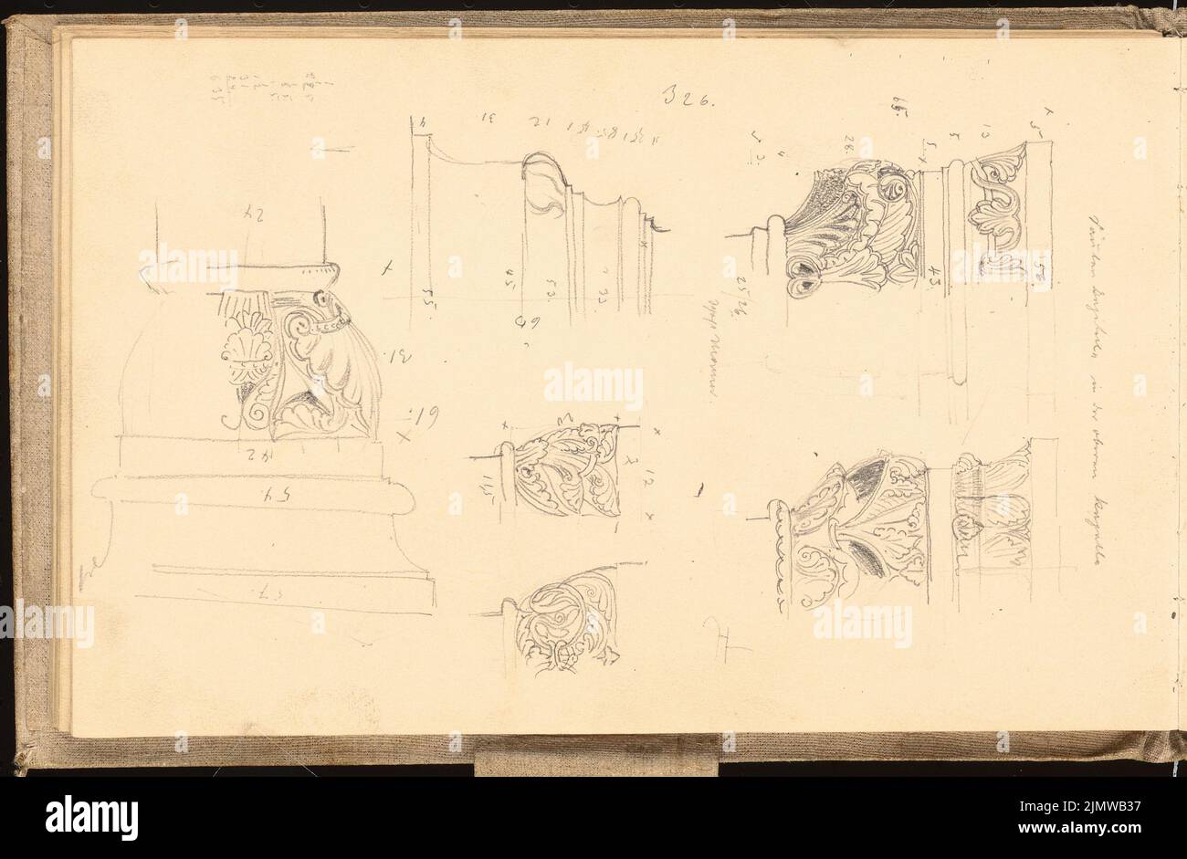 Michel Paul sen. (1877-1938), carnet d'esquisses. 1900-1901 (31 mai 1901) : Chapelle à la Sainte Croix à Landsberg, bases de piliers et capitales, vues, coupures. Crayon sur papier, 17,8 x 27,2 cm (y compris les bords de numérisation) Michel Paul sen. (1877-1938): Skizzenbuch. 1900-1901 Banque D'Images