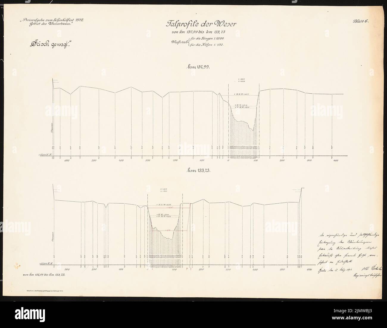 Protscher Otto, conversion des systèmes militaires et de écluse dans le Weser près de Hameln. Compétition Schinkel 1912 (03/12/1912): Talprofiles du Weser KM 132,99 à 133,73: 1: 2000 (longueurs), 1: 100 (hauteurs). Encre, encre colorée sur pression sur carton, 55,1 x 70,8 cm (y compris les bords de balayage) Protscher Otto : Umbau der Wehr- und Schleusenanlagen in der Weser BEI Hameln. Schinkelwettbewerb 1912 Banque D'Images