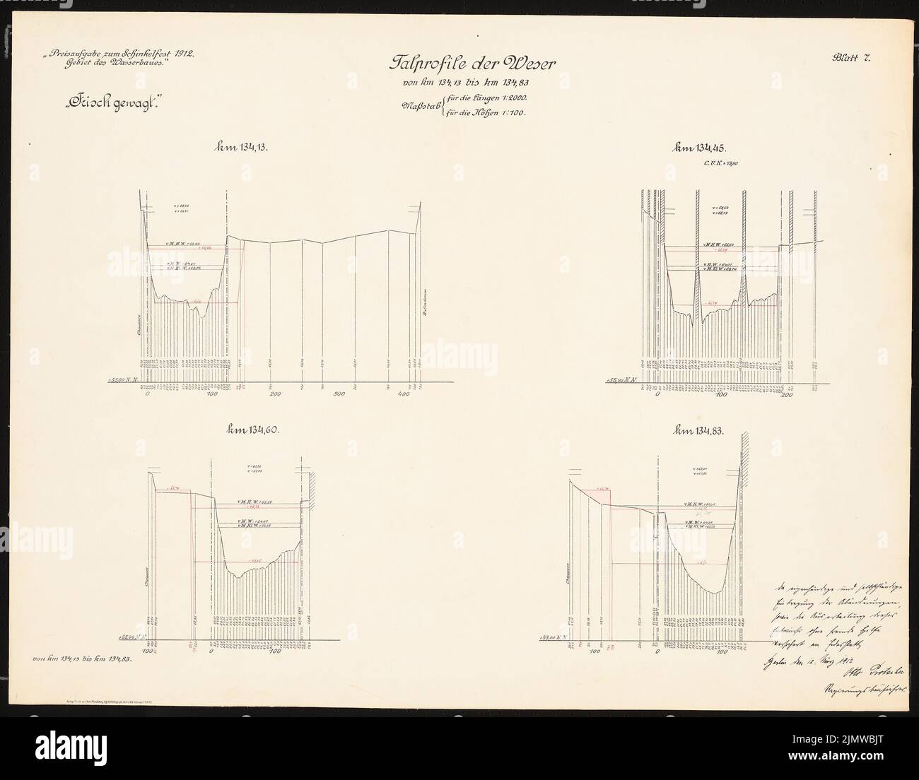 Protscher Otto, conversion des systèmes militaires et de écluse dans le Weser près de Hameln. Compétition Schinkel 1912 (03/12/1912): Talprofiles du Weser KM 134,13 à 134,83: 1: 2000 (longueurs), 1: 100 (hauteurs). Encre, encre colorée sur pression sur carton, 55,4 x 70,9 cm (y compris les bords de balayage) Protscher Otto : Umbau der Wehr- und Schleusenanlagen in der Weser BEI Hameln. Schinkelwettbewerb 1912 Banque D'Images