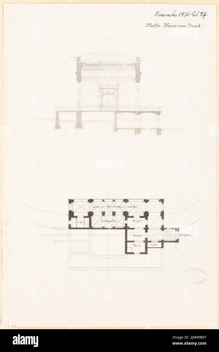 Architecte inconnu, salon de café dans le Tiergarten à Berlin. Compétition mensuelle novembre 1876 (11,1876): Plan d'étage Keller, section transversale; barre d'échelle. Tuche aquarelle sur papier, 49,6 x 33,1 cm (y compris les bords de numérisation) N.N. : Kaffeesalon im Tiergarten, Berlin. Monatskonkurrenz novembre 1876 Banque D'Images