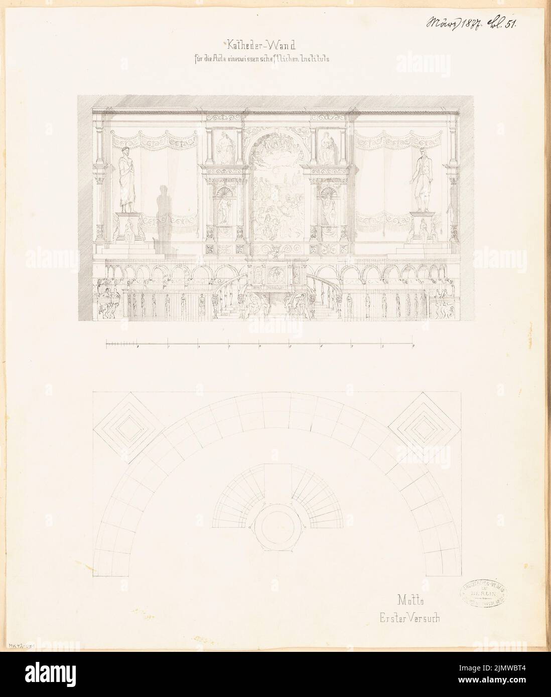 Architecte inconnu, mur de cathédrale d'un institut scientifique. Compétition mensuelle Mars 1877 (03,1877): Plan d'étage du podium, mur lacrymogène; barre d'échelle. Encre sur papier, 53 x 44,8 cm (y compris les bords de numérisation) N. : Kathederwand eines wissenschaftlichen Institutes. Monatskonkurrenz März 1877 Banque D'Images