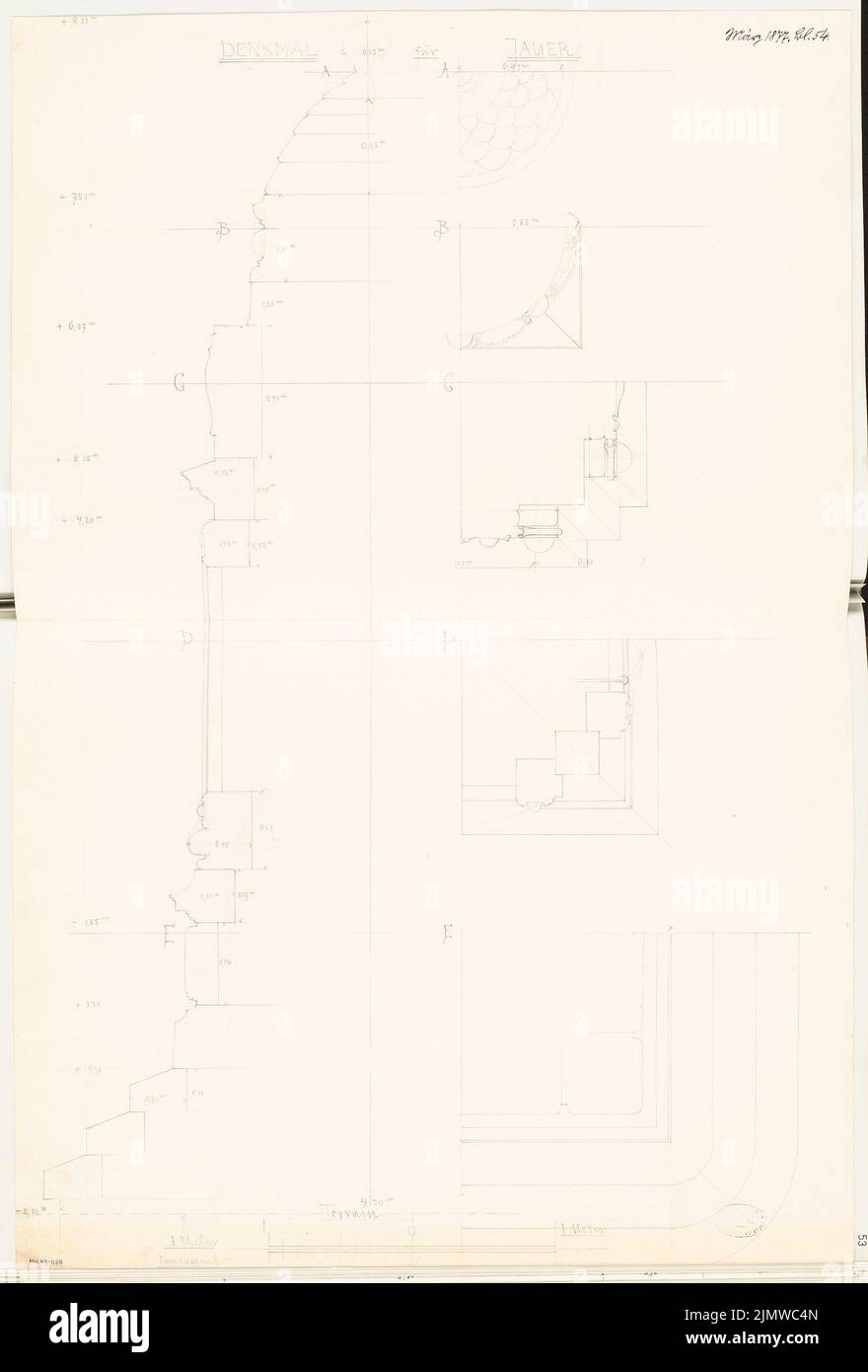 Architecte inconnu, monument tombé à Jauer. Compétition mensuelle Mars 1877 (03,1877): Plan d'étage 5, demi-section; barre d'échelle. Crayon sur carton, 88,7 x 60 cm (y compris les bords de numérisation) N. : Gefallenendenkmal, Jauer. Monatskonkurrenz März 1877 Banque D'Images