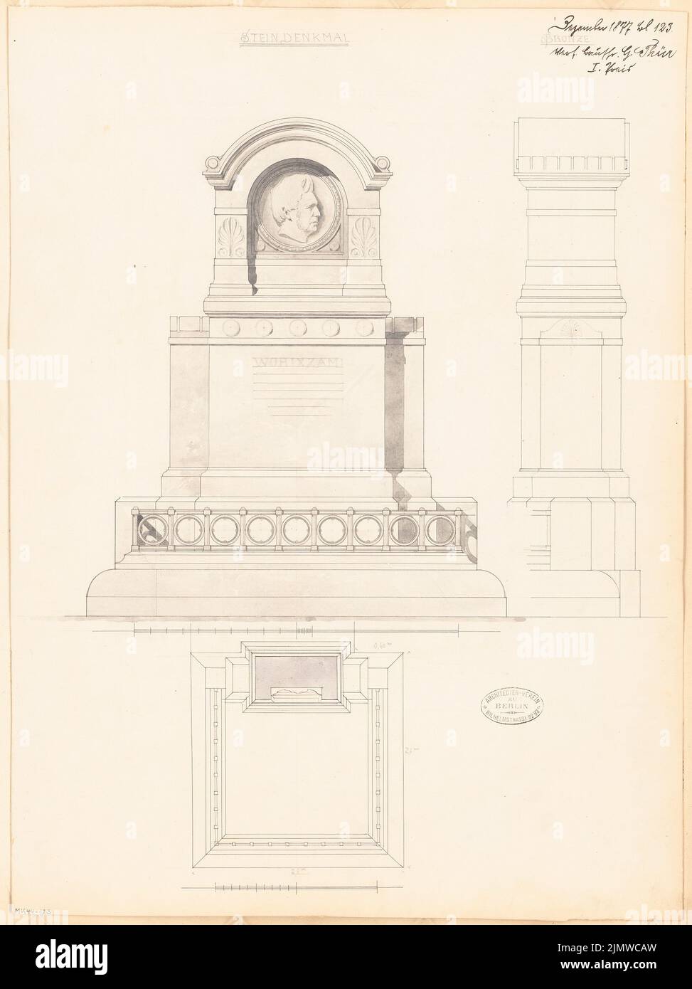 Thür Georg (1846-1924), tombe de la Conseillère privé Stein à Stettin. Compétition mensuelle décembre 1877 (12,1877): Plan d'étage, vue de face d'ascendance, vue latérale; 2 bandes d'échelle. Tuche aquarelle sur la boîte, 56,7 x 42,4 cm (y compris les bords de balayage) Thür Georg (1846-1924): Grabdenkmal für Geheimrat Stein, Stettin. Monatskonkurrenz Dezember 1877 Banque D'Images