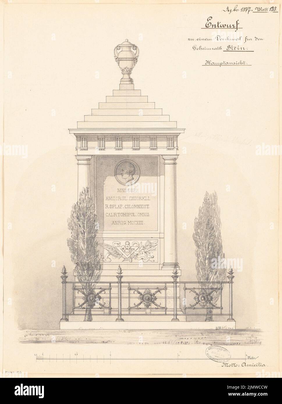 Architecte inconnu, grave monument pour le conseiller privé Stein à Stettin. Compétition mensuelle décembre 1877 (12,1877) : vue avant du RISS ; barre d'échelle. Tuche aquarelle sur papier, 55,8 x 41,7 cm (y compris les bords de numérisation) N.N. : Grabdenkmal für Geheimrat Stein, Stettin. Monatskonkurrenz Dezember 1877 Banque D'Images