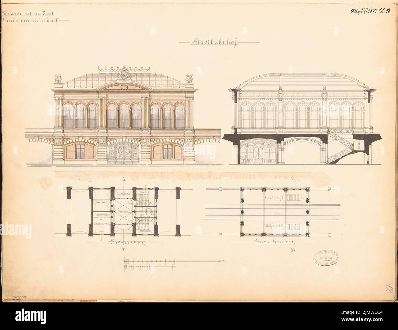 Architecte inconnu, Stadtbahnhof à Berlin. Compétition mensuelle en août 1877 (08,1877) : plan d'étage (deux niveaux), vue latérale de la jupe, section longitudinale; 2 bandes d'échelle. Tuche aquarelle sur la boîte, 44,1 x 58,1 cm (y compris les bords de numérisation) N.N. : Stadtbahnhof, Berlin. Monatskonkurrenz août 1877 Banque D'Images