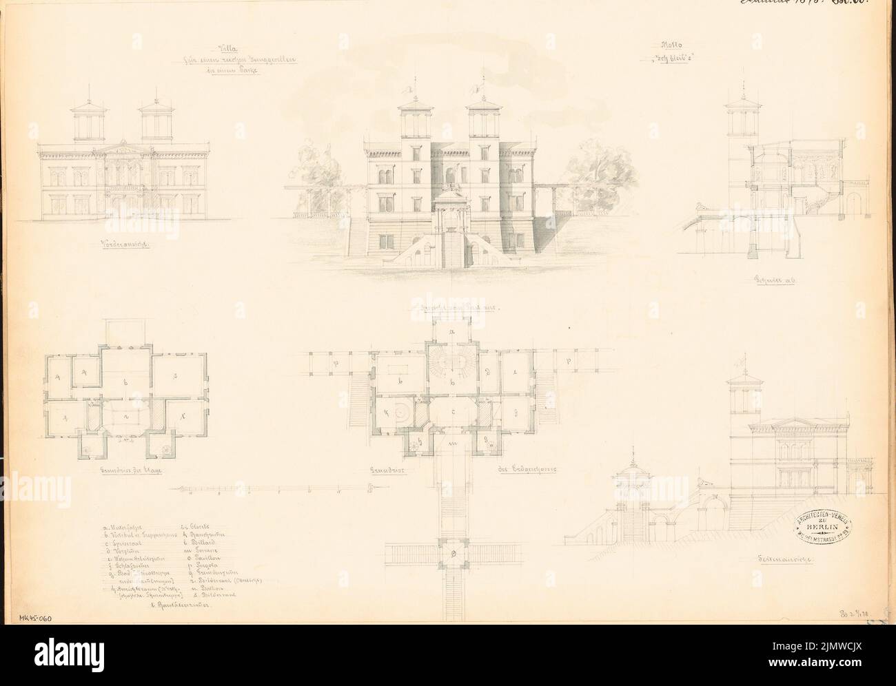 Architecte inconnu, villa pour un baccalauréat. Compétition mensuelle du 1878 janvier (01,1878) : plan d'étage rez-de-chaussée, étage supérieur, vue sur la face avant, vue sur le jardin, vue latérale, Coupe transversale ; barre d'échelle, légende. Crayon aquarelle sur papier, 40,8 x 58,4 cm (y compris les bords de numérisation) N. : Villa für einem Junggesellen. Monatskonkurrenz Januar 1878 Banque D'Images