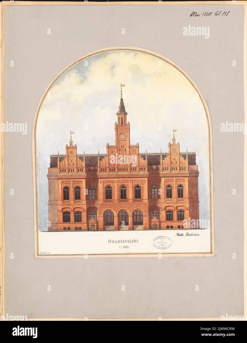 Architecte inconnu, hôtel de ville. Compétition mensuelle Mai 1878 (05,1878): RISS vue de face 1: 150. Tuche aquarelle sur la boîte, 57 x 43,9 cm (y compris les bords de numérisation) N.N. : Rathaus. Monatskonkurrenz Mai 1878 Banque D'Images