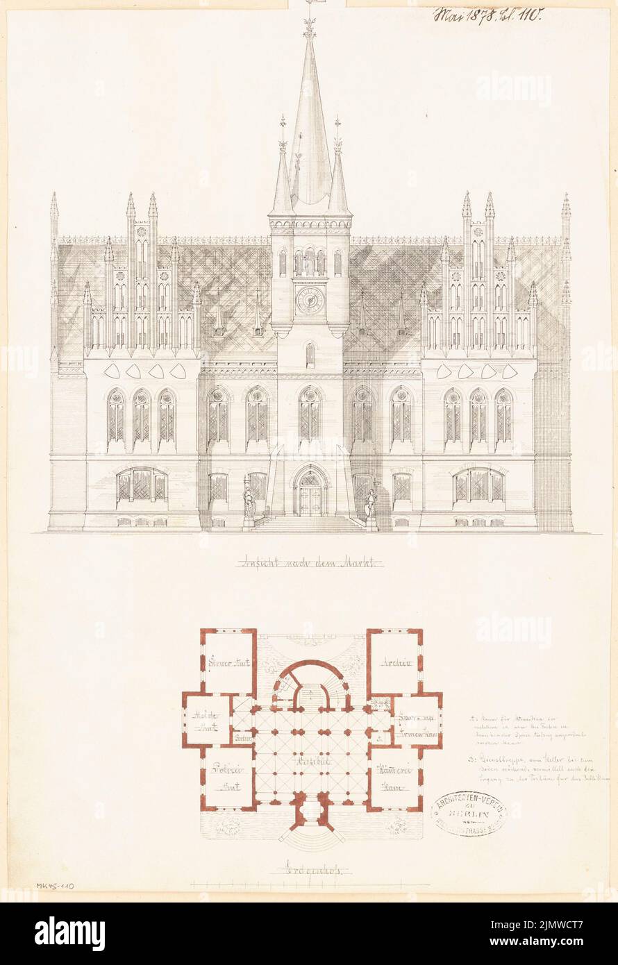 Architecte inconnu, hôtel de ville. Concours mensuel Mai 1878 (05,1878): Plan d'étage rez-de-chaussée, vue avant en tort; barre d'échelle, texte explicatif. Tuche aquarelle sur la boîte, 45,3 x 31 cm (y compris les bords de numérisation) N.N. : Rathaus. Monatskonkurrenz Mai 1878 Banque D'Images