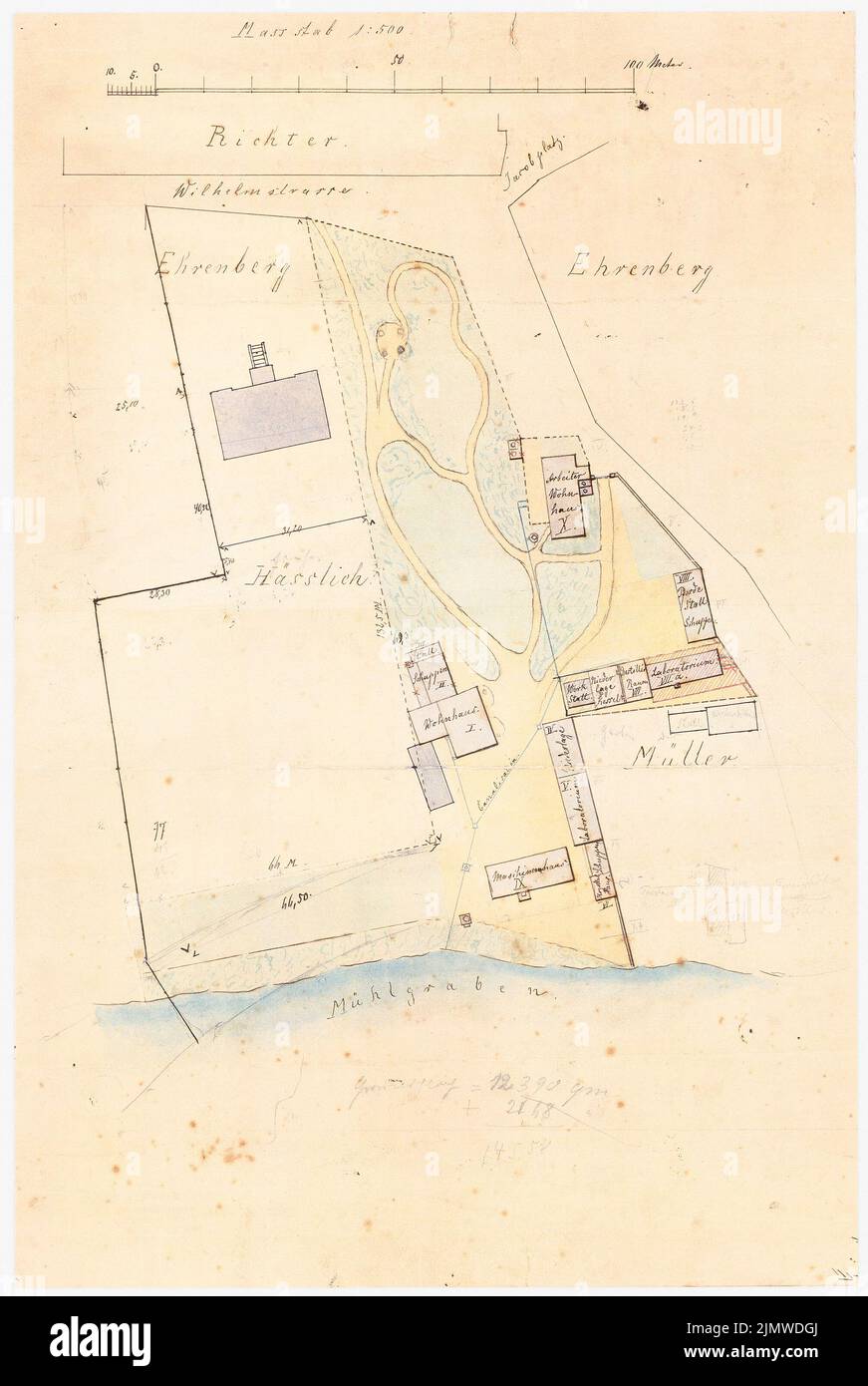 Michel Alfred (1843-1913), usine chimique Alfred Michel à Eilenburg. Plan du site de la propriété autour de 1894 (env 1894): Plan de situation 1: 500 (avec échelle) des bâtiments autour de 1894, lorsque le nouveau laboratoire a été achevé avec 30 m de haut cheminée (Red hatcher. Photo topia sur papier, 54,2 x 36,4 cm (y compris Scan edges) Michel Alfred (1843-1913): Chemische Fabrik Alfred Michel, Eilenburg. Lageplan des Grundstücke 1894 Banque D'Images