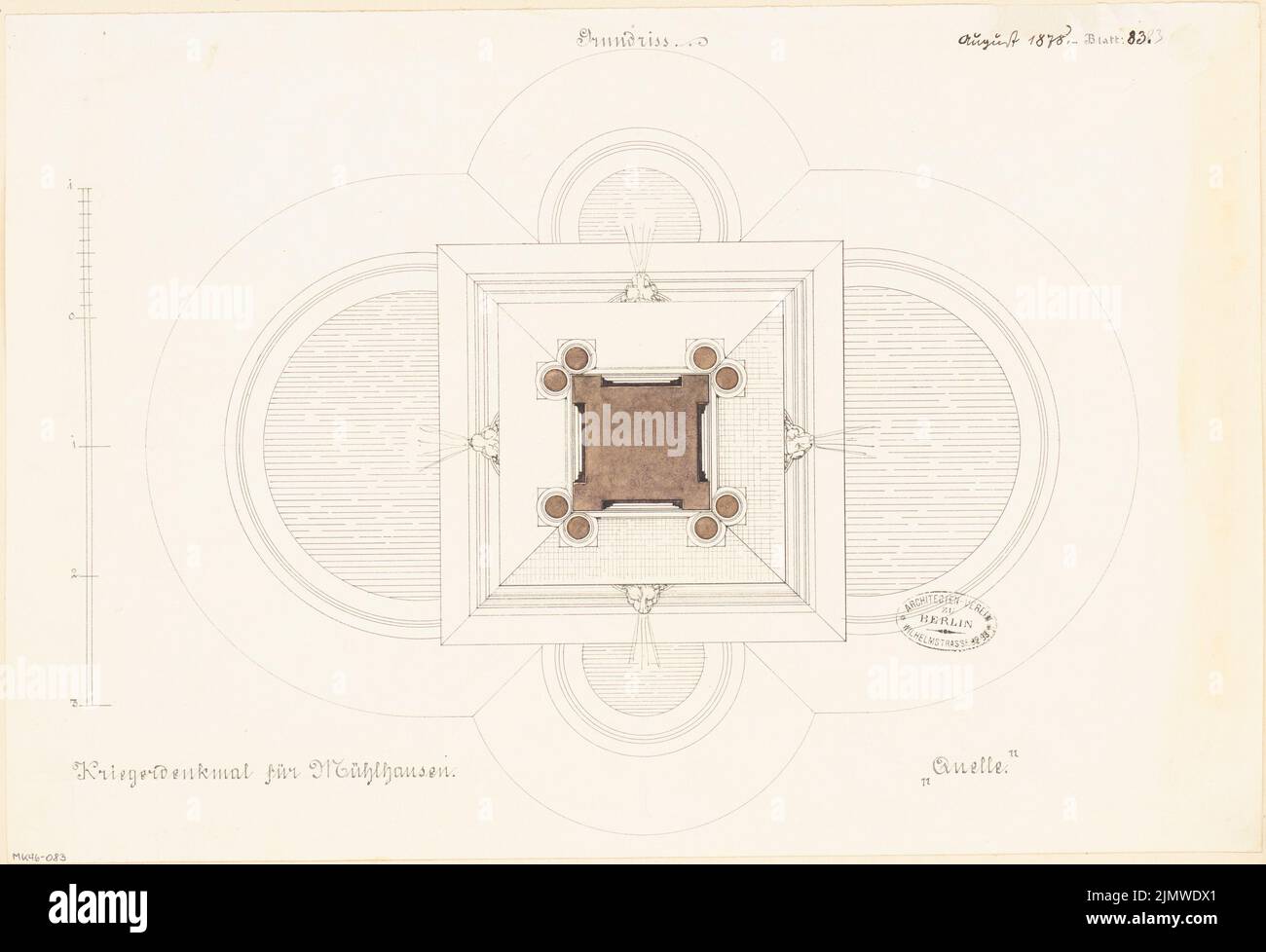 Architecte inconnu, monument tombé à Mühlhausen. Compétition mensuelle août 1878 (08,1878) : plan d'étage ; barre d'échelle. Tuche aquarelle sur papier, 33,2 x 48,6 cm (y compris les bords de numérisation) N.N. : Gefallenendenkmal, Mühlhausen. Monatskonkurrenz août 1878 Banque D'Images