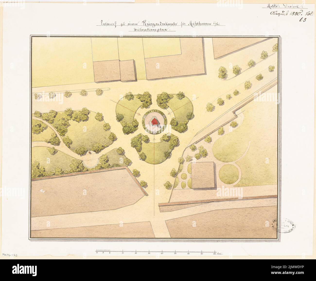 Architecte inconnu, monument tombé à Mühlhausen. Compétition mensuelle août 1878 (08,1878): Plan du site; barre d'échelle. Tuche aquarelle sur la boîte, 40,2 x 49,1 cm (y compris les bords de numérisation) N.N. : Gefallenendenkmal, Mühlhausen. Monatskonkurrenz août 1878 Banque D'Images