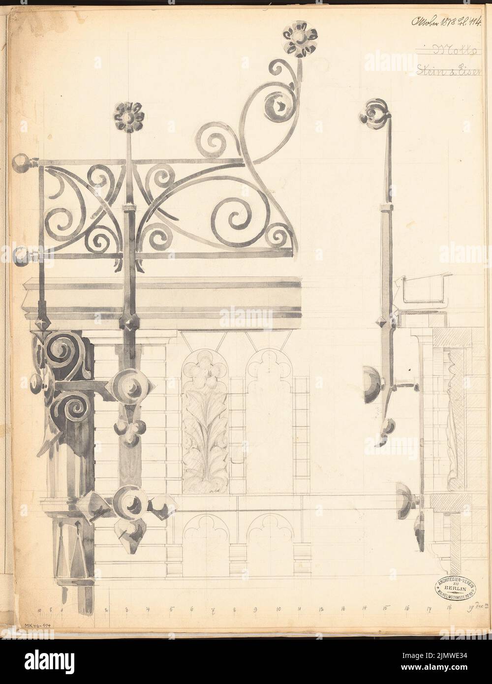 Architecte inconnu, Staorsbahn station Stadtbahn à Berlin. Concours mensuel octobre 1878 (10,1878): Träfe: Voir et couper; barre d'échelle. Aquarelle crayon sur la boîte, 59,7 x 45,9 cm (y compris les bords de numérisation) N. : Bahnhof Börse der Stadtbahn, Berlin. Monatskonkurrenz Oktober 1878 Banque D'Images