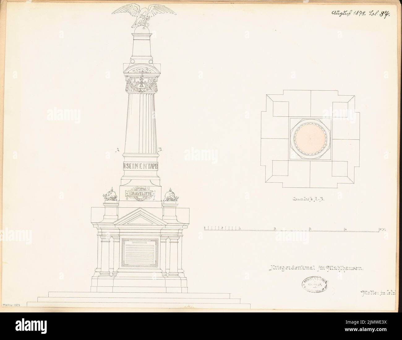 Architecte inconnu, monument tombé à Mühlhausen. Compétition mensuelle en août 1878 (08,1878): Plan d'étage, vue de face d'ascendance; barre d'échelle. Tuche aquarelle sur la boîte, 45,3 x 58,4 cm (y compris les bords de numérisation) N.N. : Gefallenendenkmal, Mühlhausen. Monatskonkurrenz août 1878 Banque D'Images